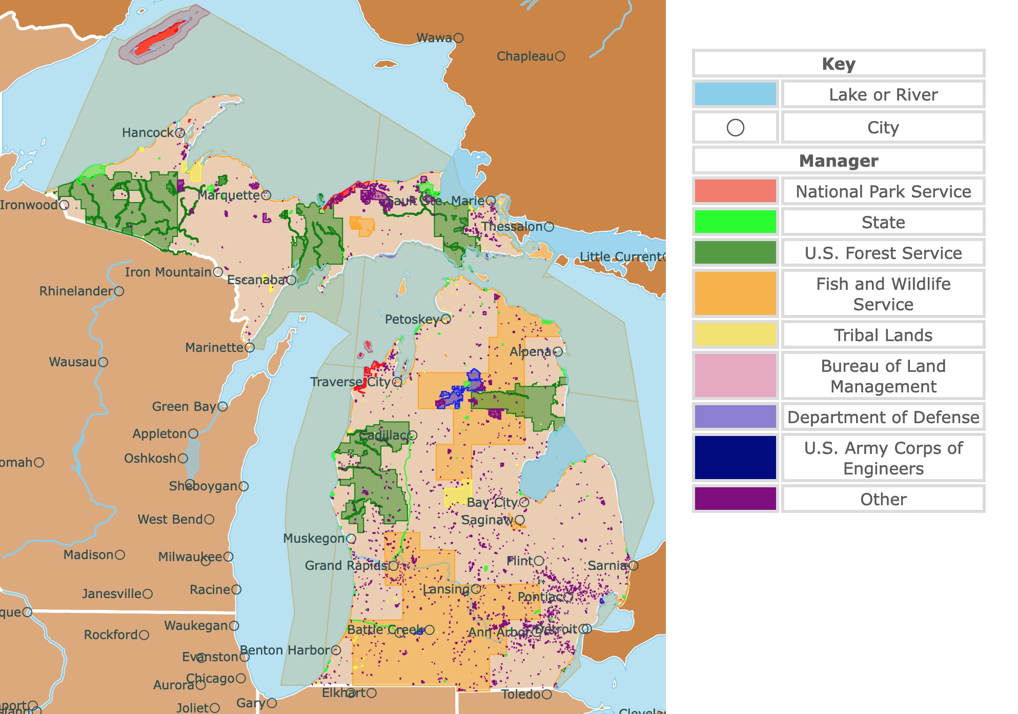 Map of Michigan's state parks, national parks, forests, and public lands areas
