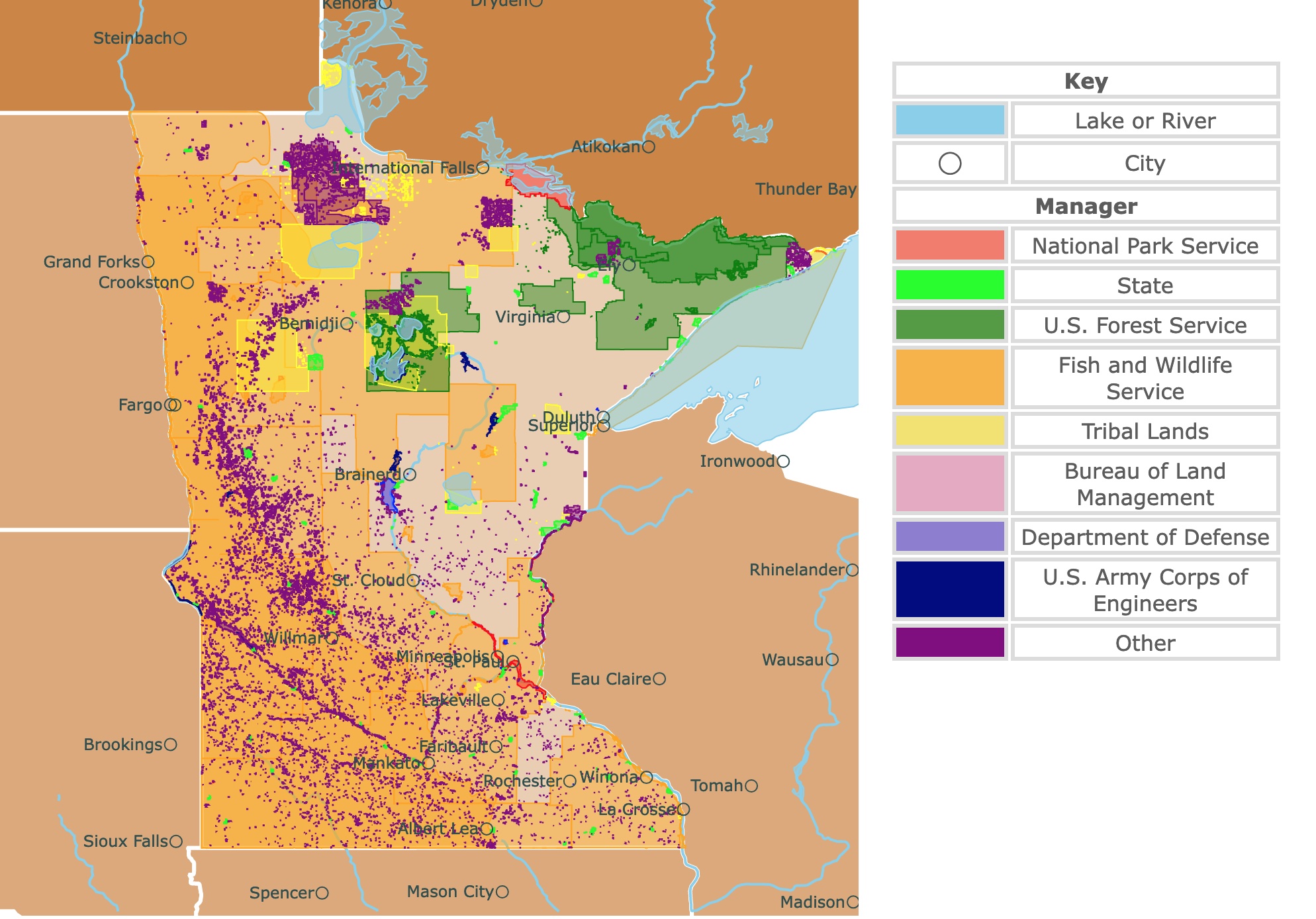 Map of Minnesota's state parks, national parks, forests, and public lands areas
