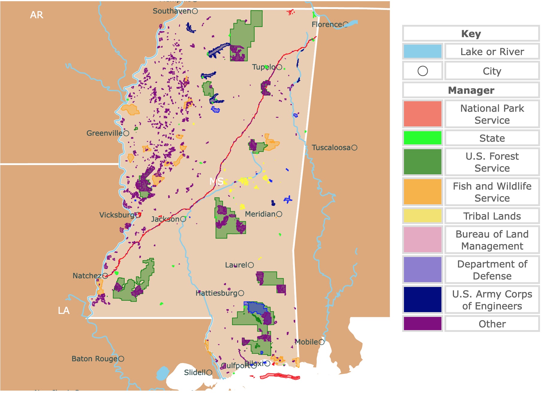 Map of Mississippi's state parks, national parks, forests, and public lands areas