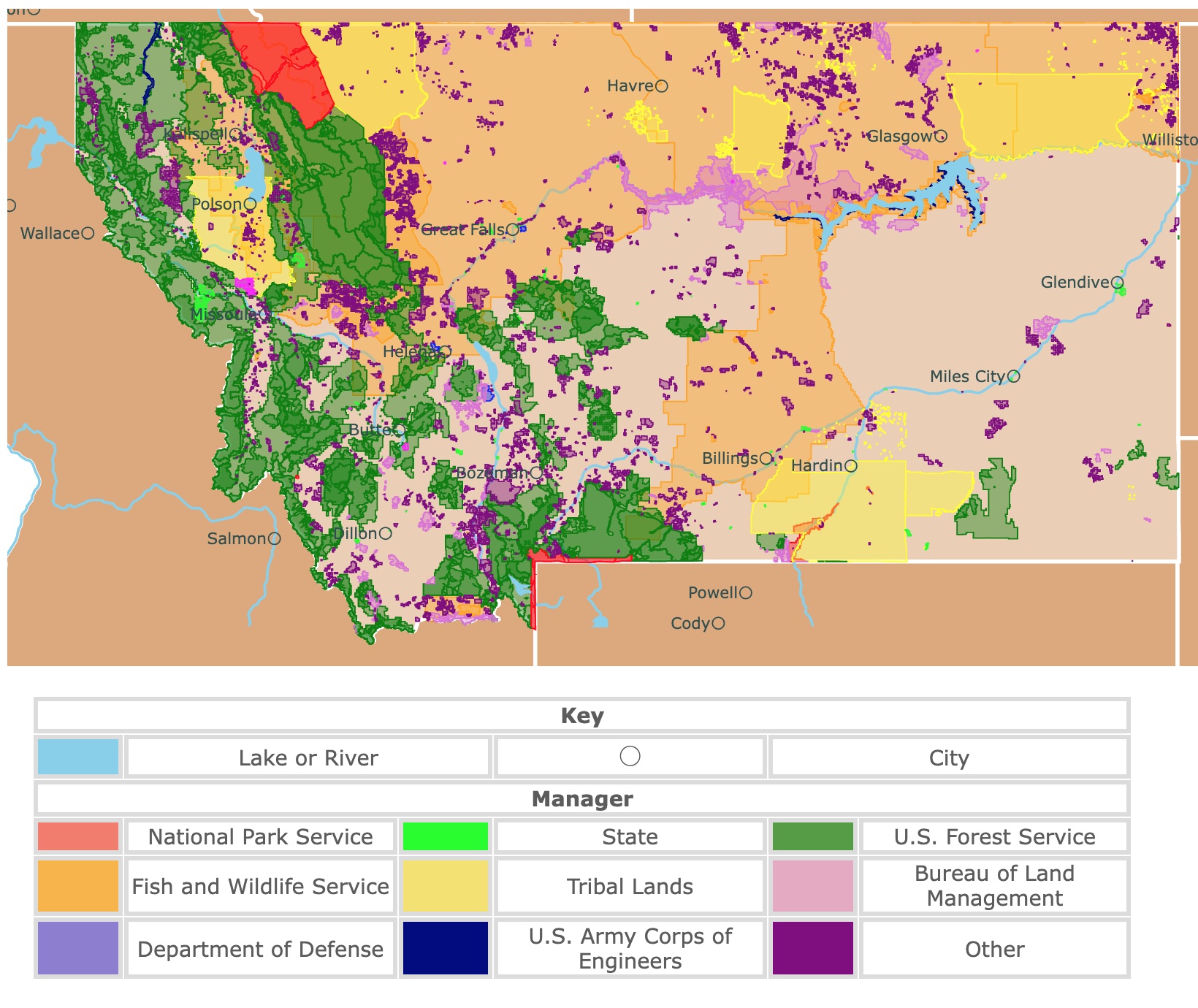 Map of Montana's state parks, national parks, forests, and public lands areas