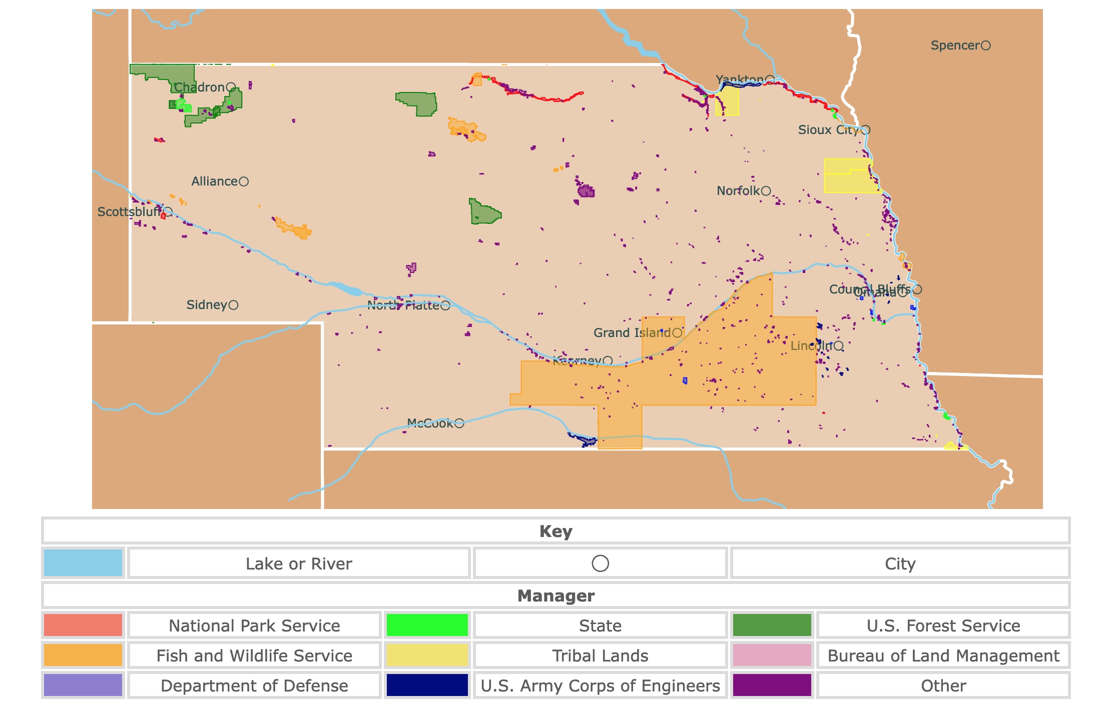 Map of Nebraska's state parks, national parks, forests, and public lands areas