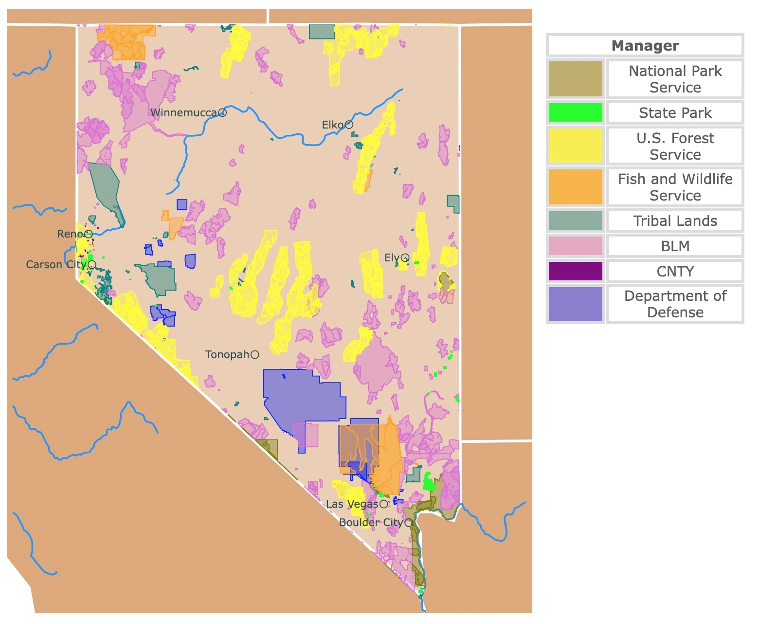 Map of Nevada state parks, national parks, forests, and National conservation areas