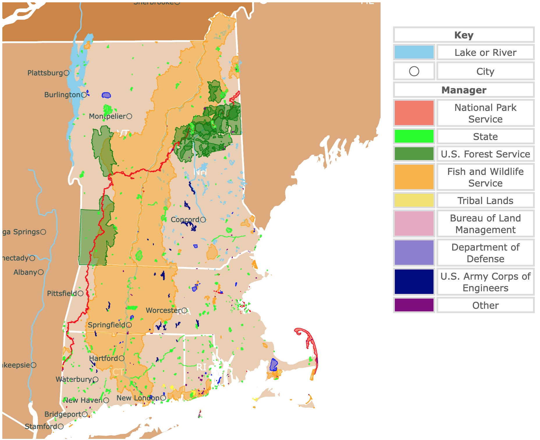 Map of New England state parks, national parks, forests, and public lands areas