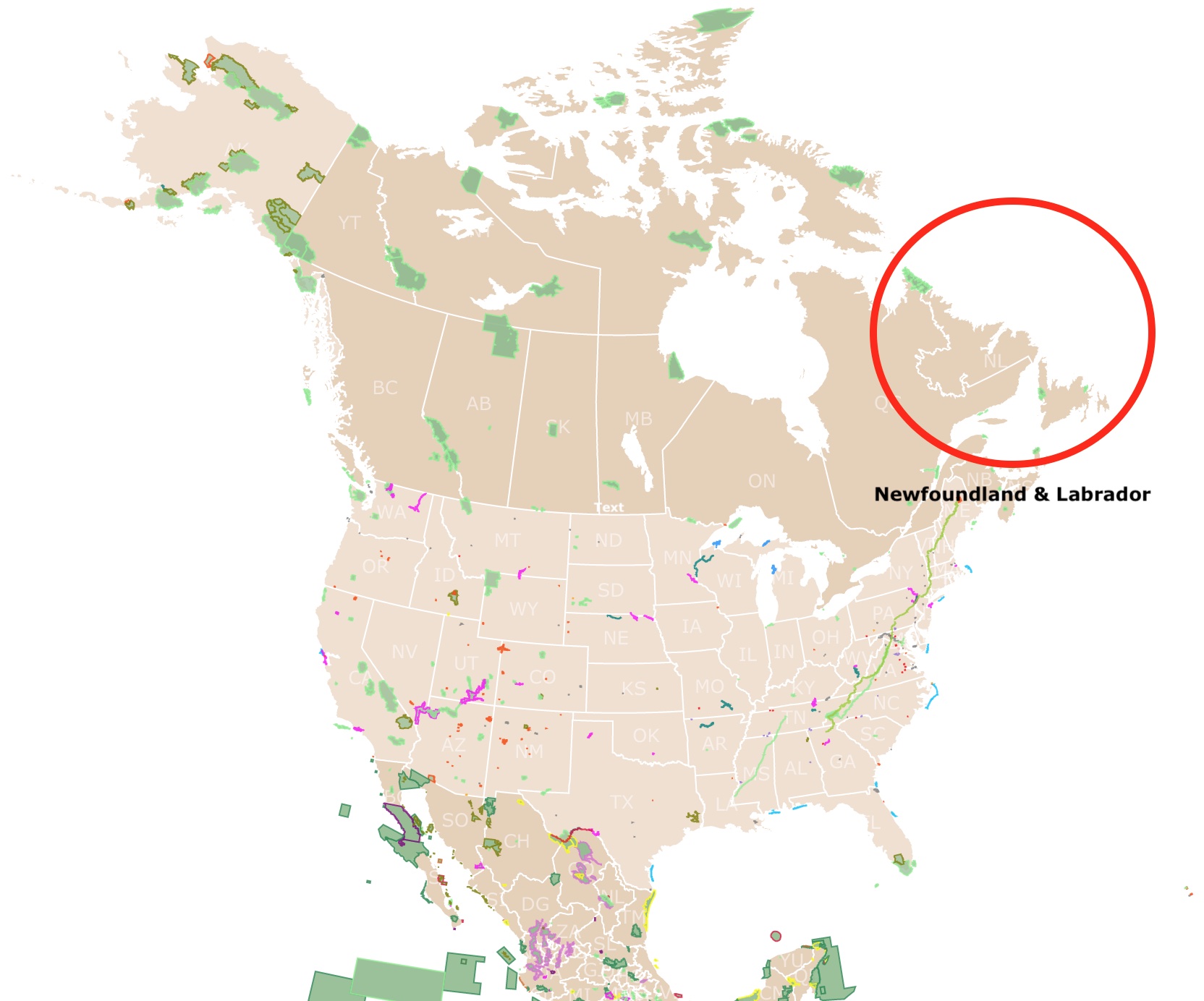 Map with location of Newfoundland and Labrador