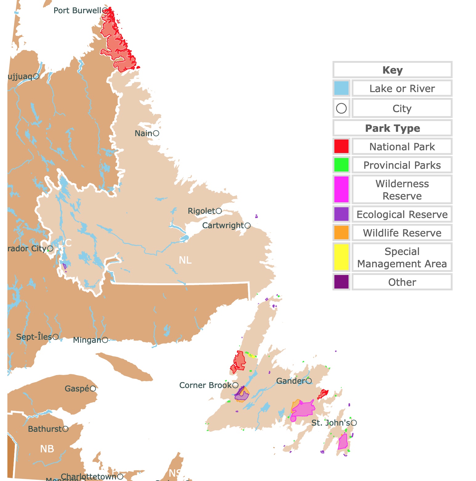 Map of Newfoundland and Labrador's provincial parks, national parks, and natural areas