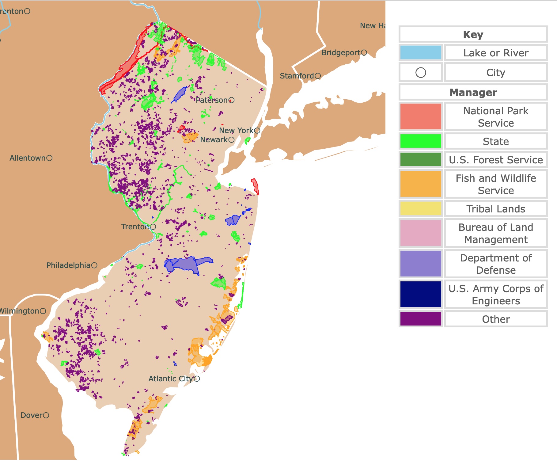 Map of New Jersey's state parks, national parks, forests, and public lands areas