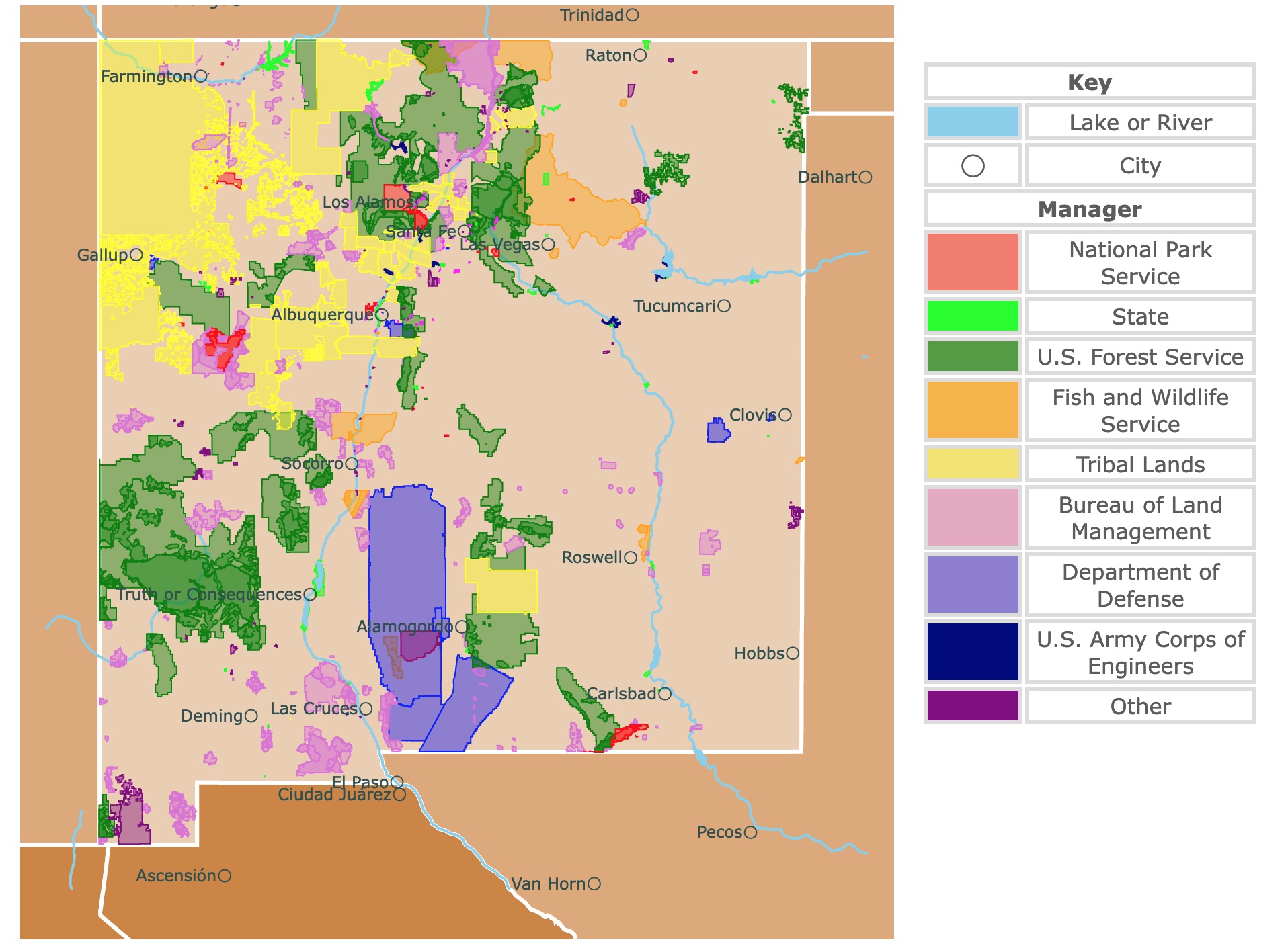 Map of New Mexico's state parks, national parks, forests, and public lands areas