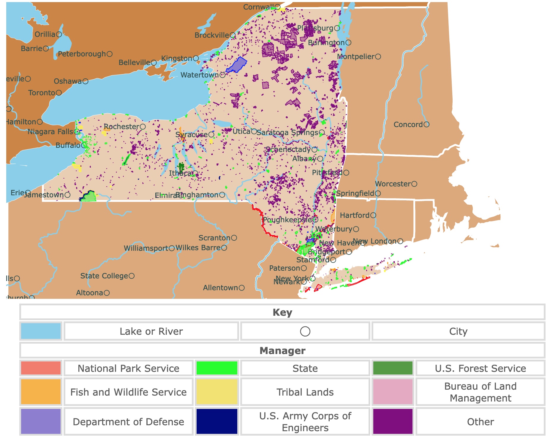 Map of New York's state parks, national parks, forests, and public lands areas