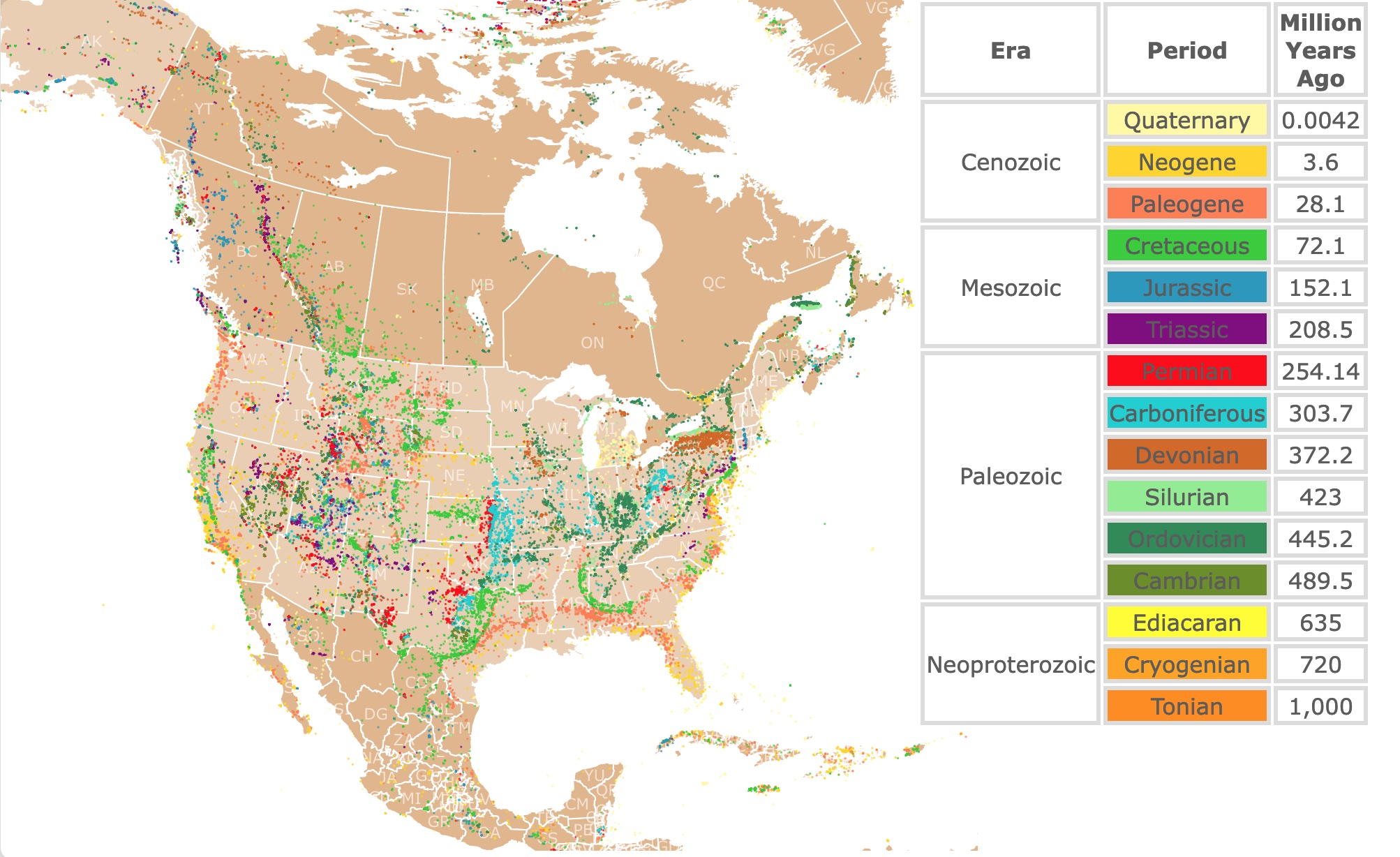 Map of Fossil collections found in North America