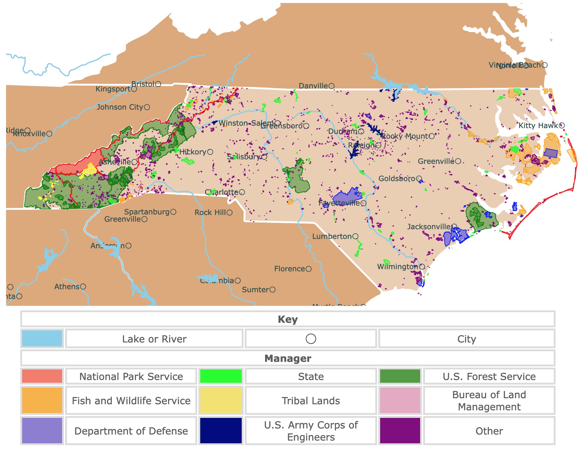 Map of North Carolina's state parks, national parks, forests, and public lands areas