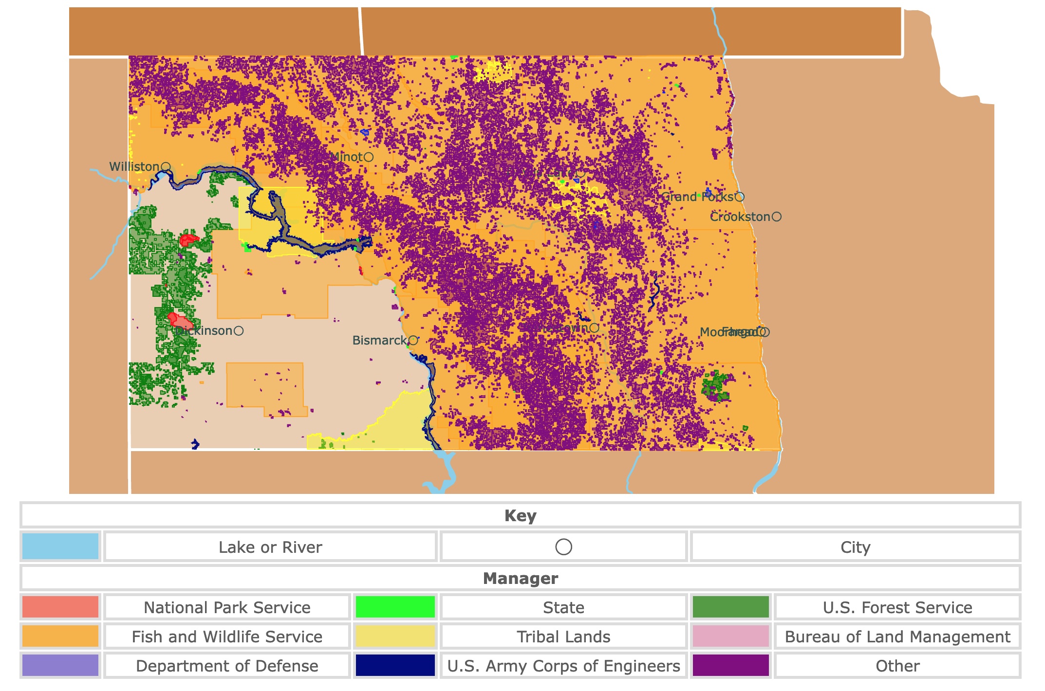 Map of North Dakota's state parks, national parks, forests, and public lands areas