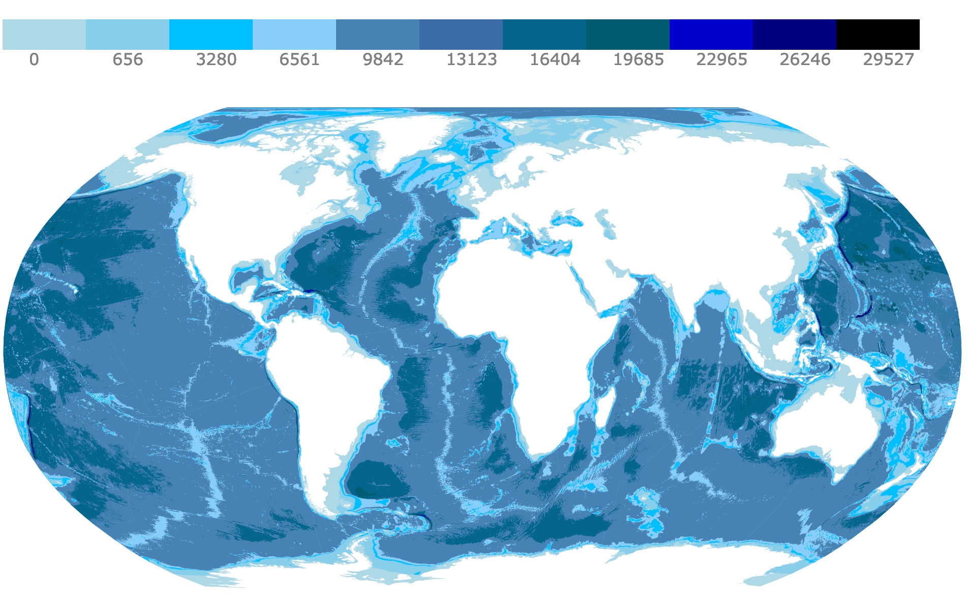 Bathymetry map of the world showing seafloor depth