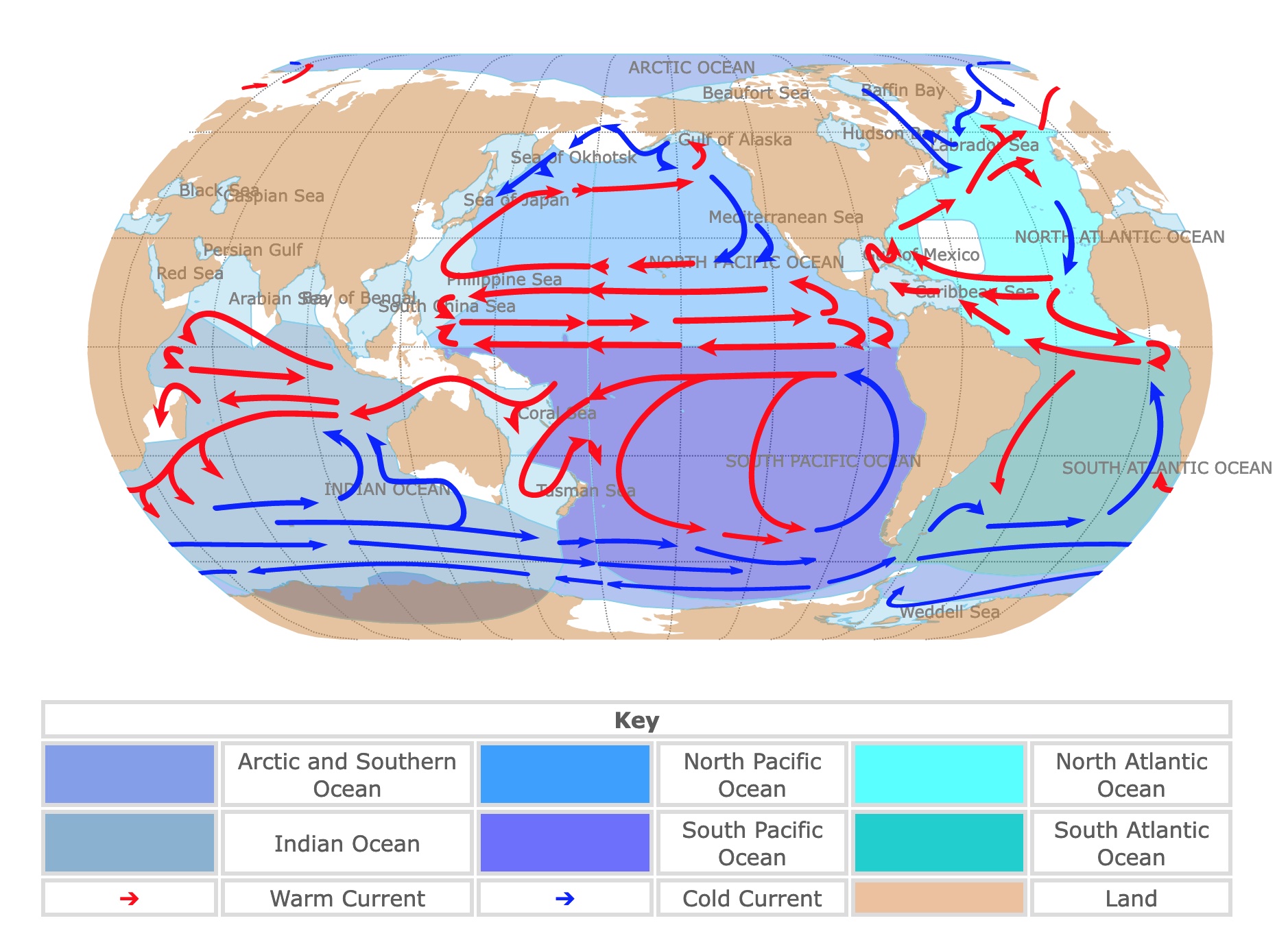 Map of Oceans and Currents worldwide
