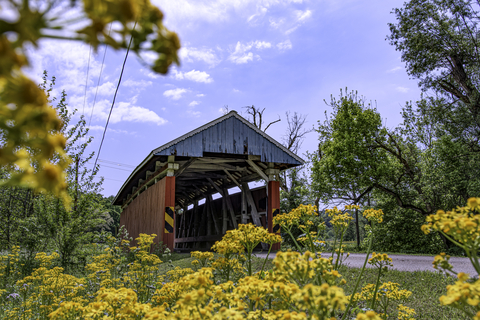 covered bridge next to flowers Ohio