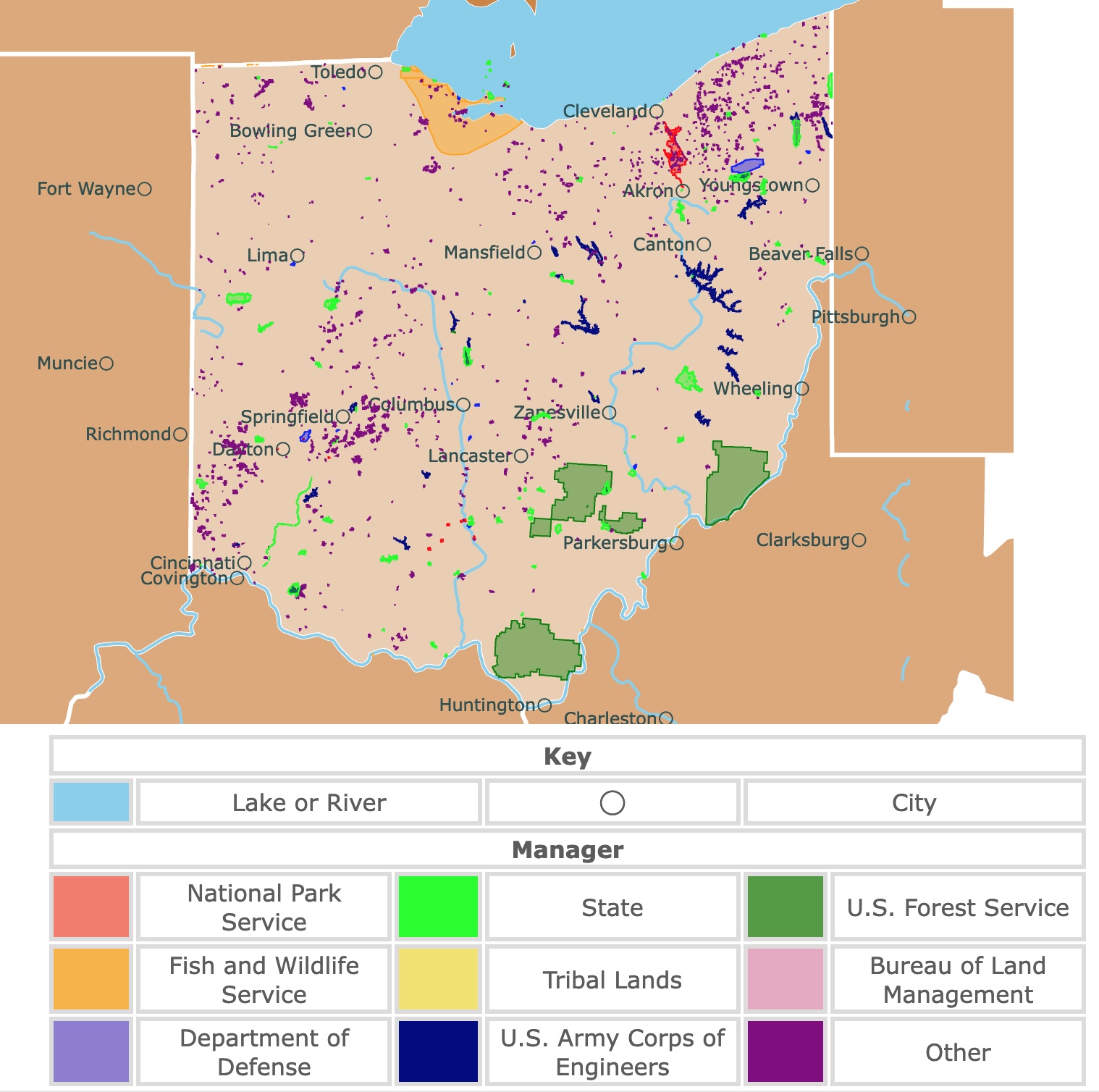 Map of Ohio's state parks, national parks, forests, and public lands areas
