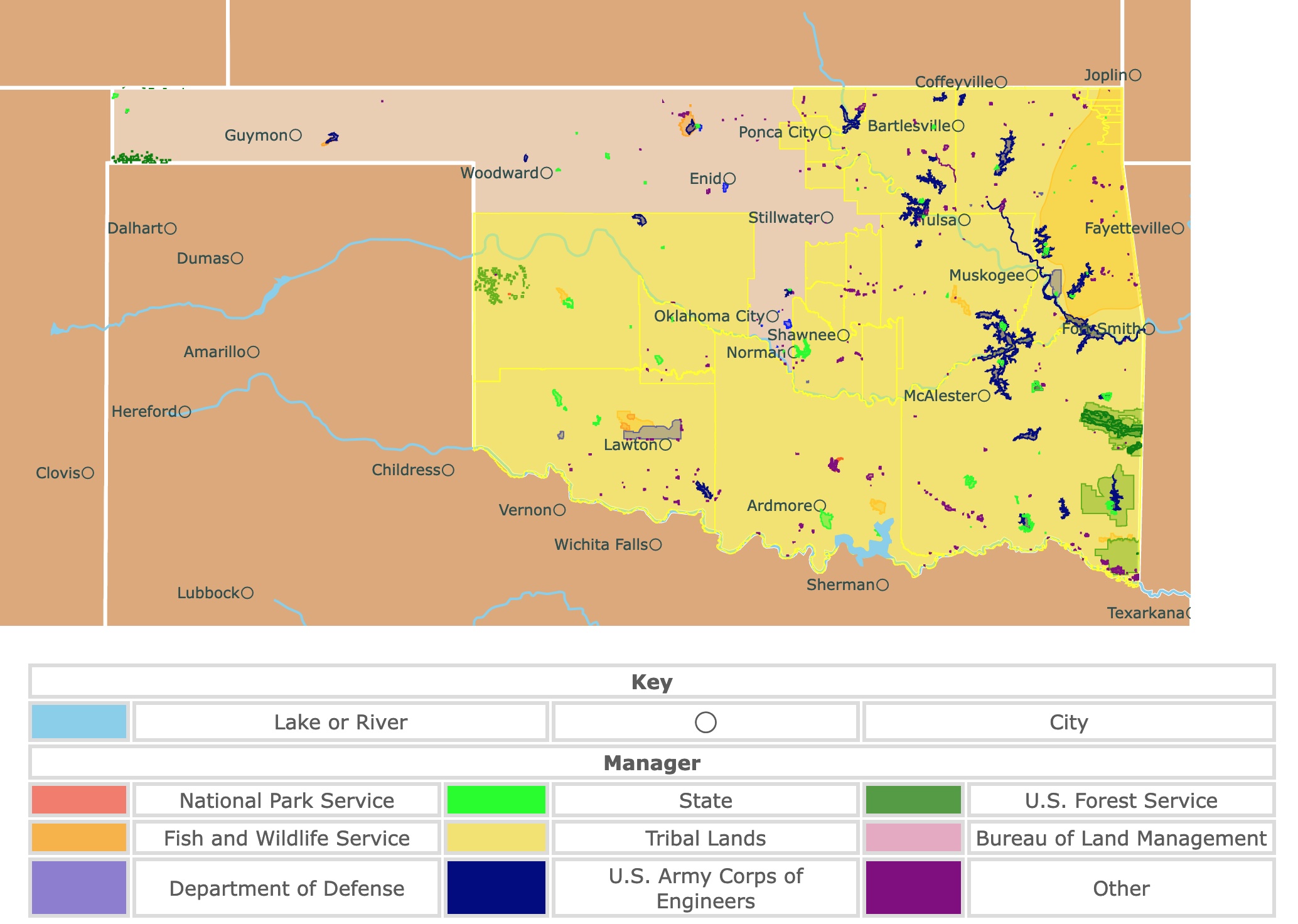 Map of Oklahoma's state parks, national parks, forests, and public lands areas