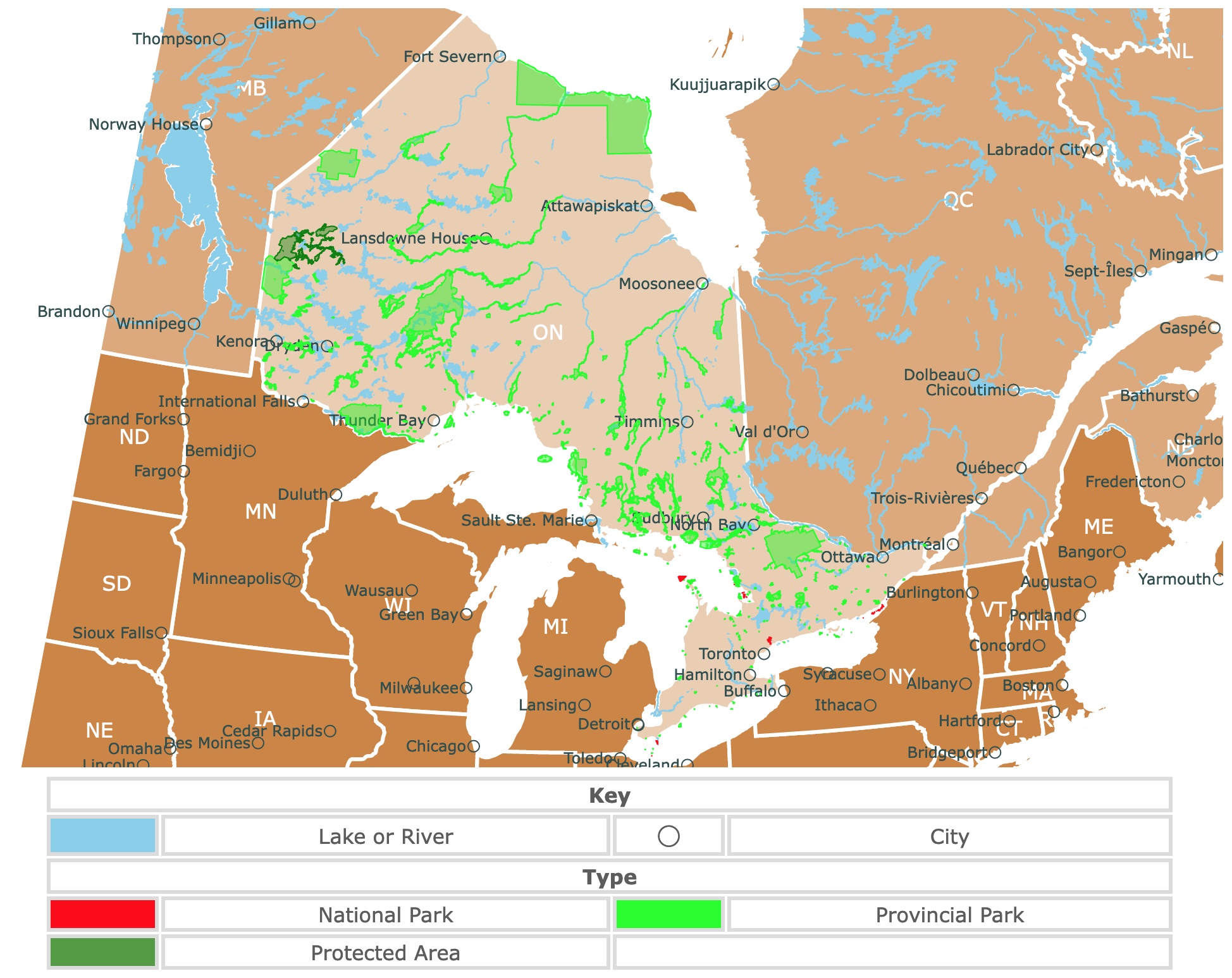 Map of Ontario's state parks, national parks, forests, and public lands areas