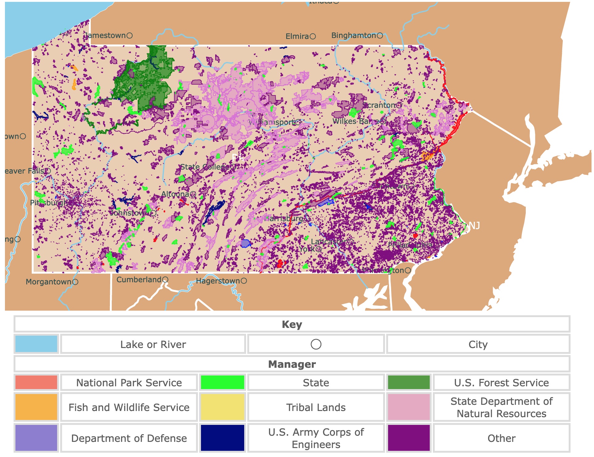 Map of Pennsylvania's state parks, national parks, forests, and public lands areas