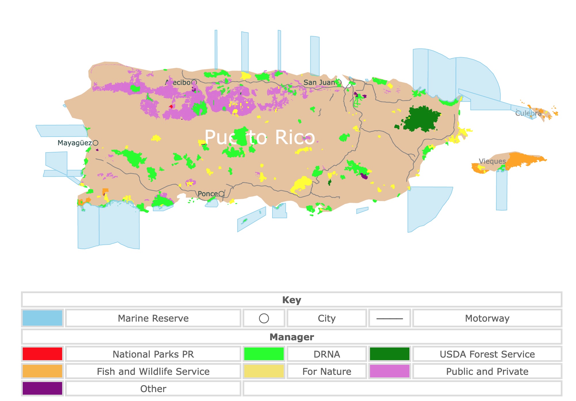 Map of Puerto Rico state parks, national parks, forests, and public lands areas