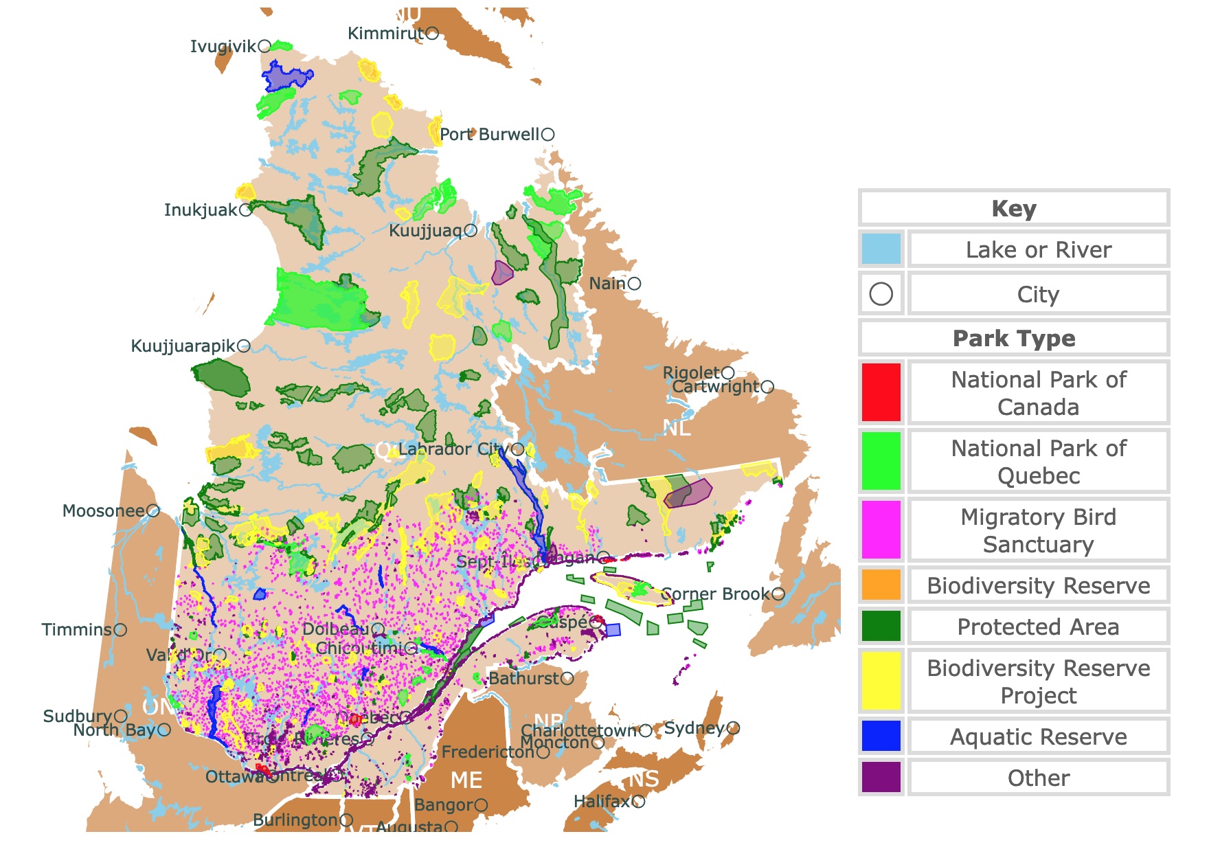 Map of Quebec's state parks, national parks, forests, and public lands areas