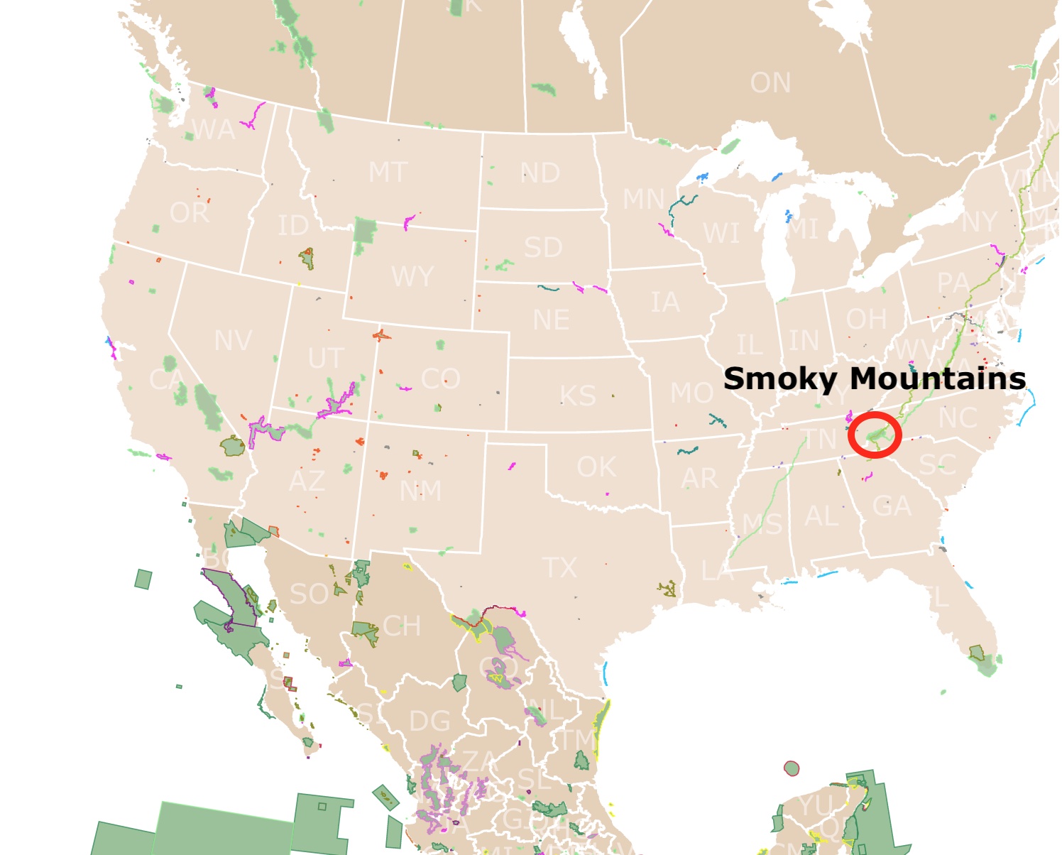 Map with the location of the Great Smoky Mountains National Park