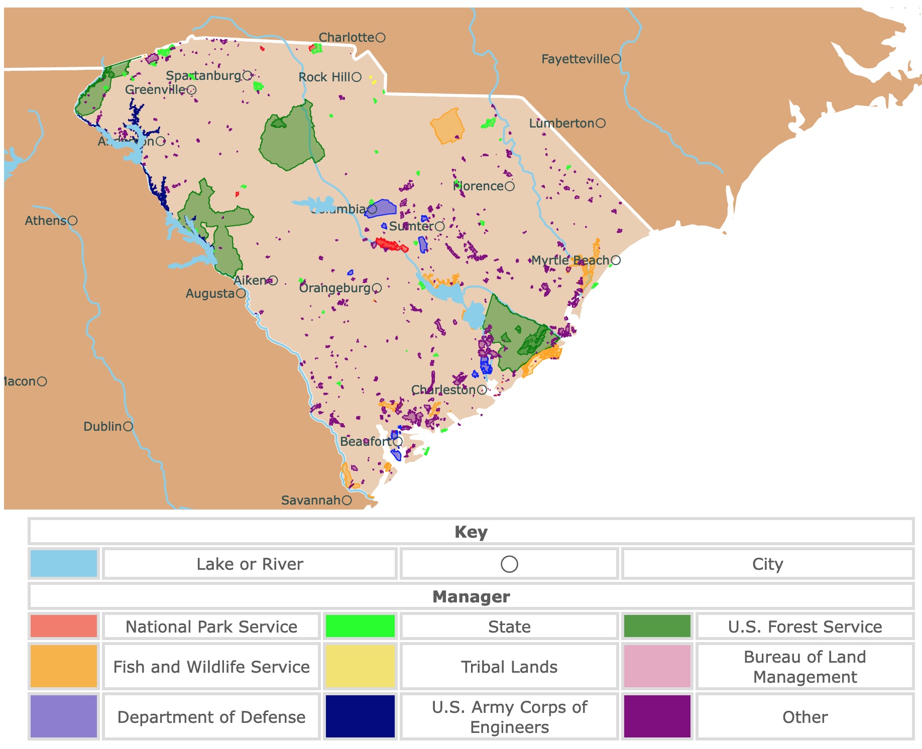 Map of South Carolina's state parks, national parks, forests, and public lands areas