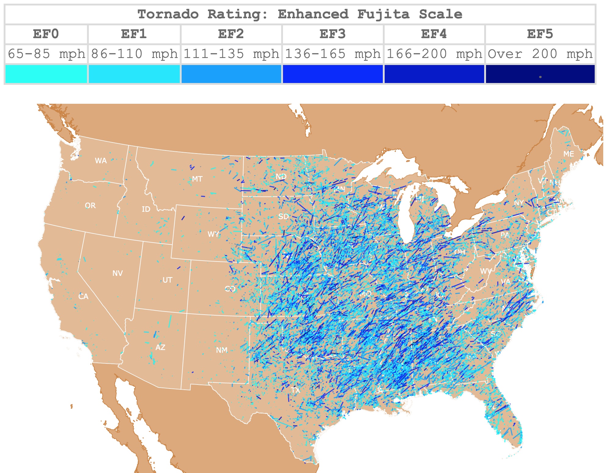 Map of Tornado tracks in the USA