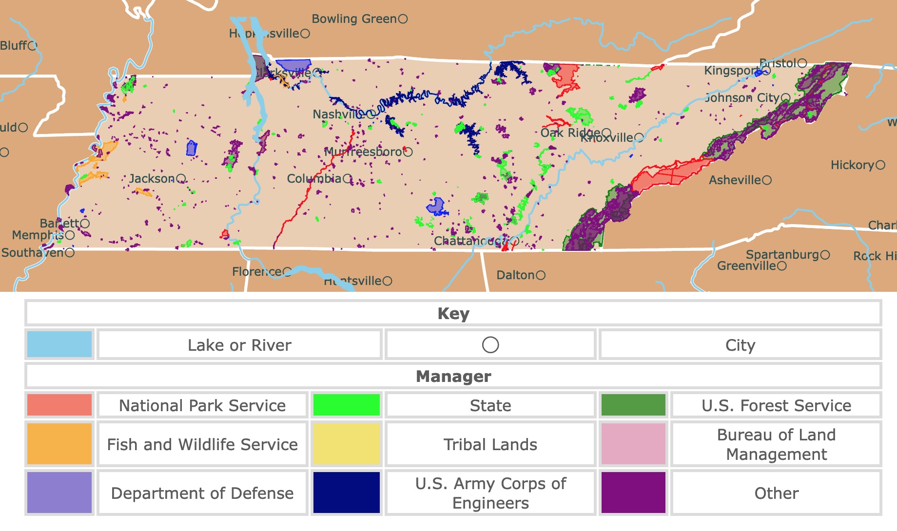 Map of Tennessee state parks, national parks, forests, and public lands areas