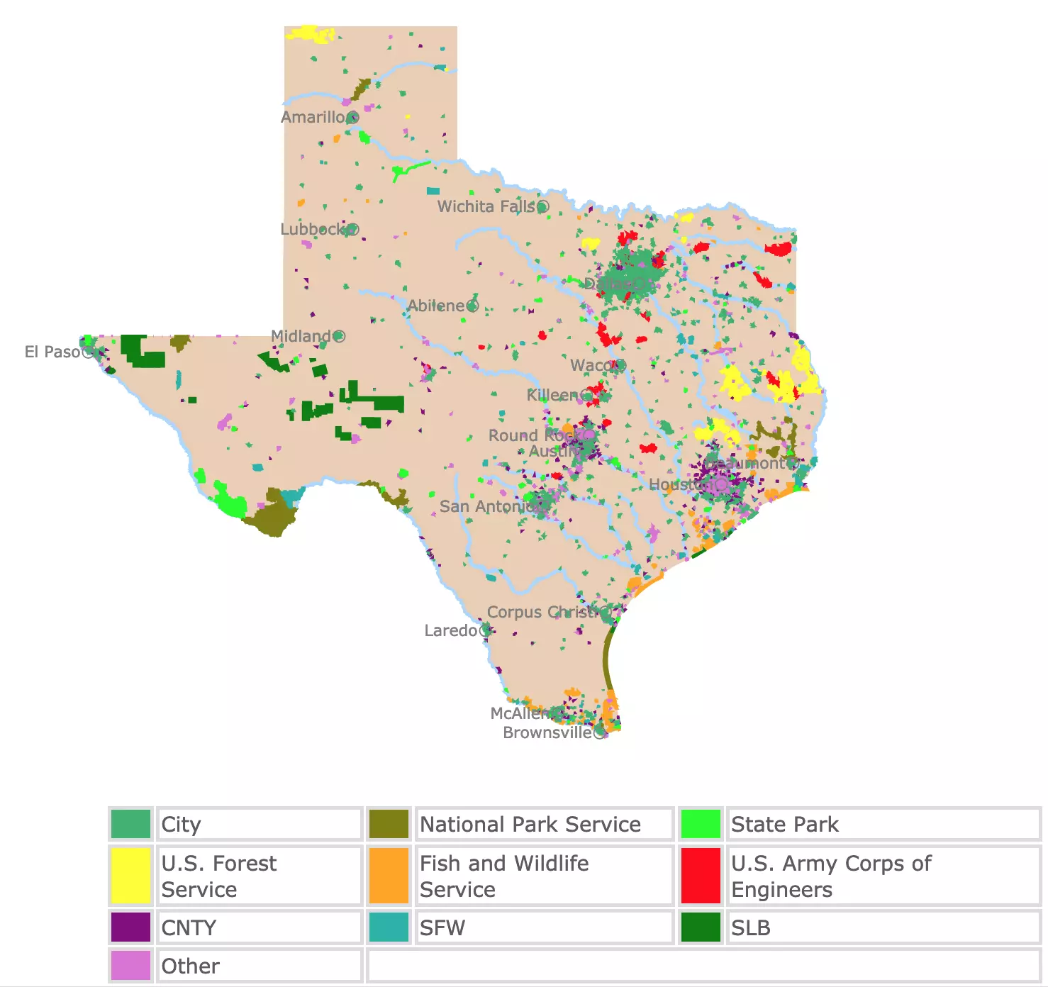 Interactive map of Texas state parks, national parks, forests, and wildlife management areas 