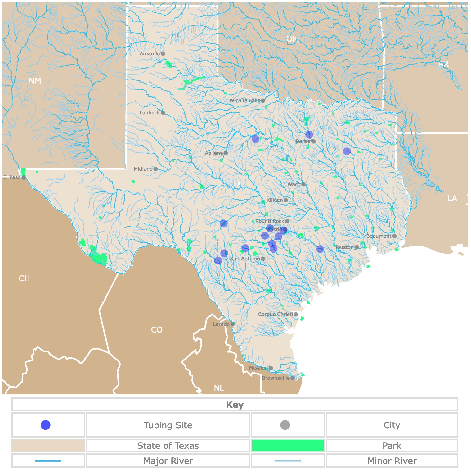Interactive map of natural Lazy rivers for tubing in Texas.