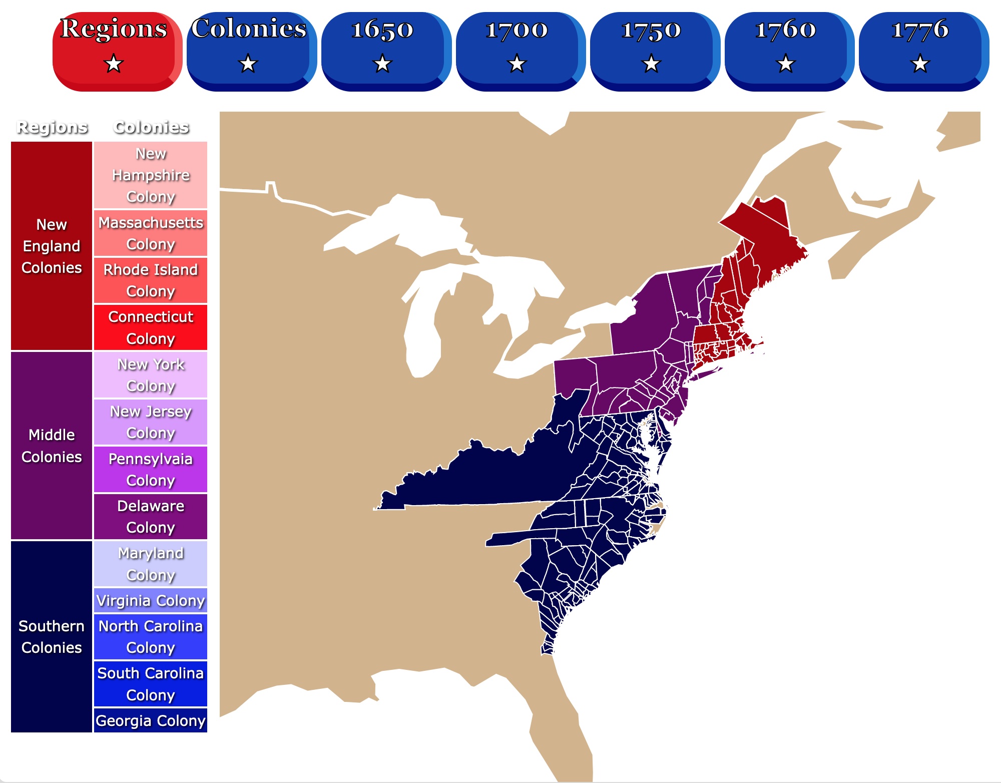 regions of the 13 colonies map