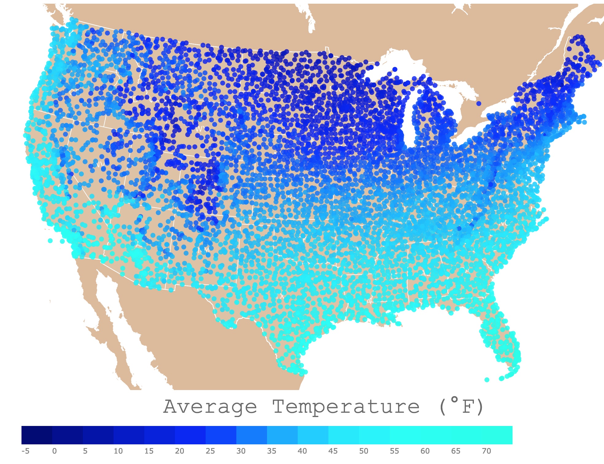 Map of winter average temperatures in the  U.S.A. 