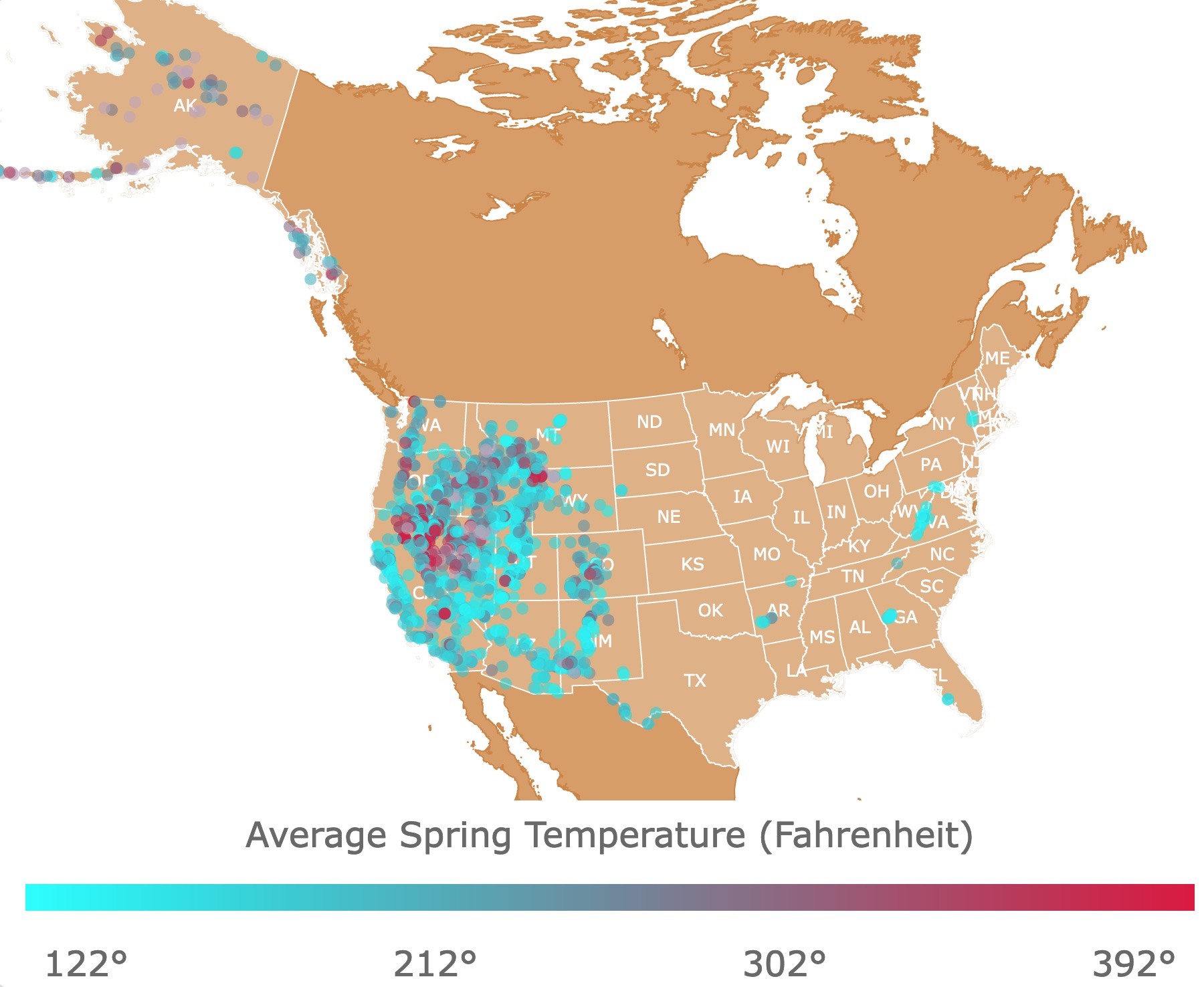 Map of American Hot Springs and their temperatures.