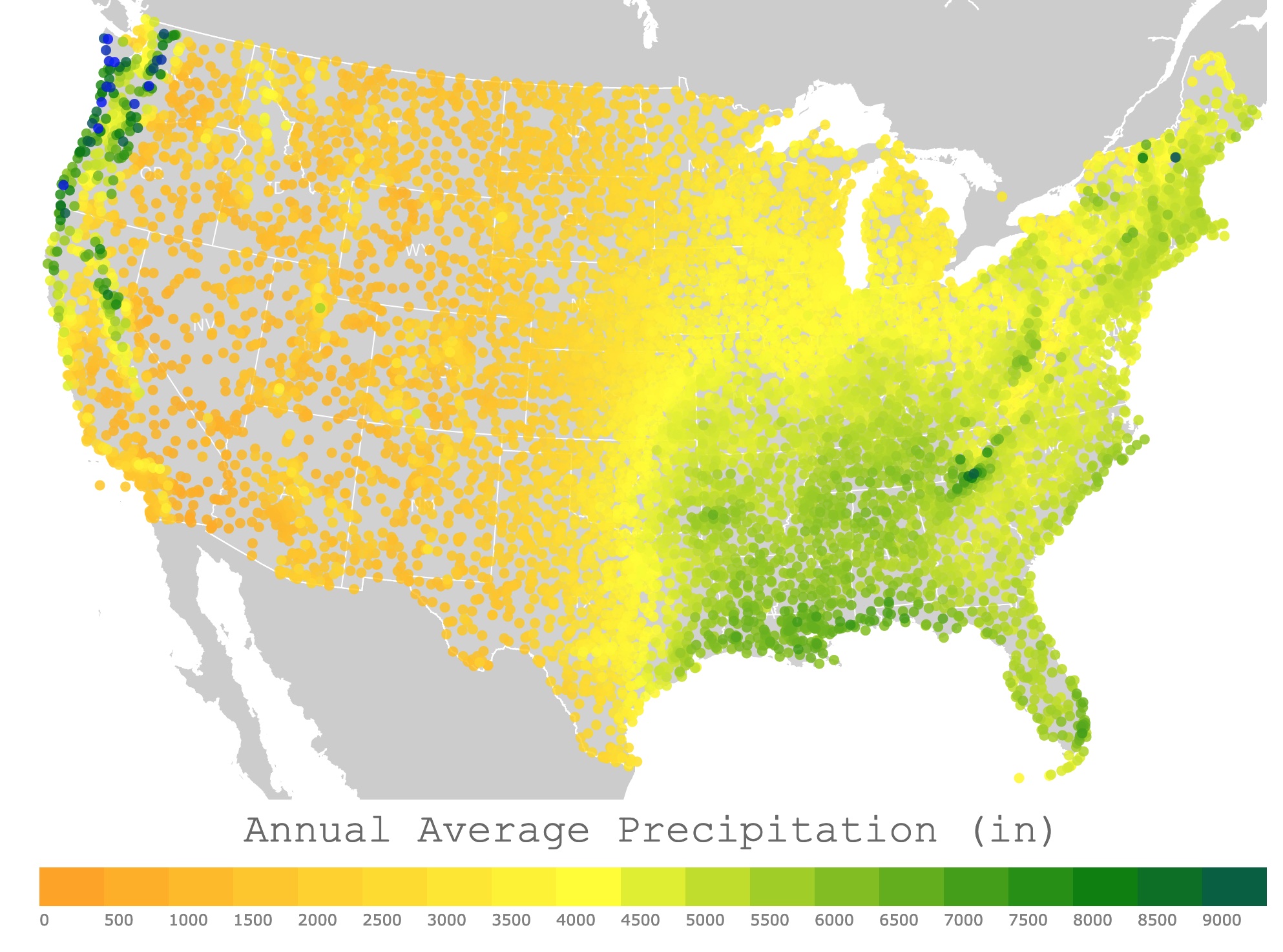 Map of annual precipitation average in the U.S.A. 