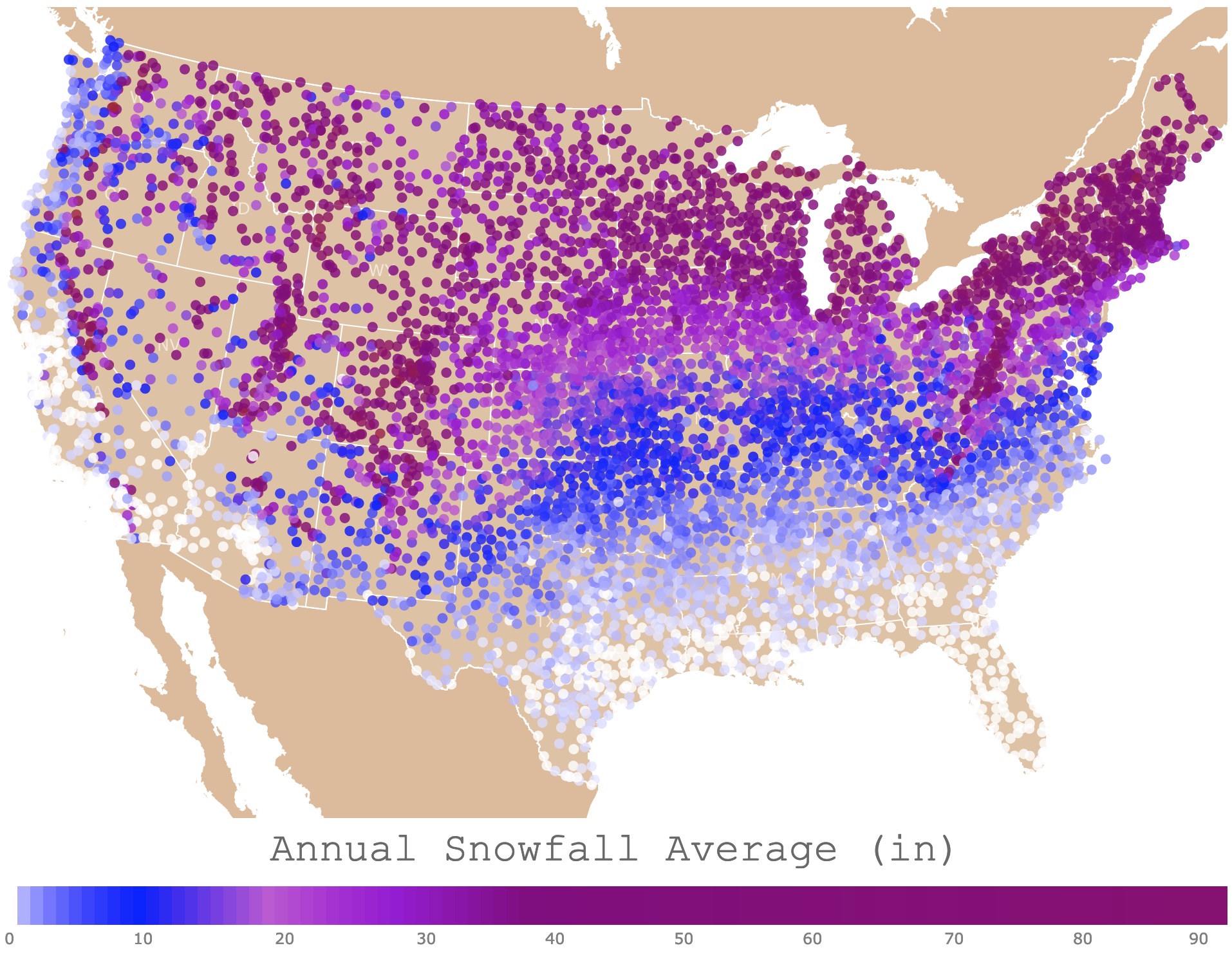 Map of annual snowfall average in the U.S.A. 