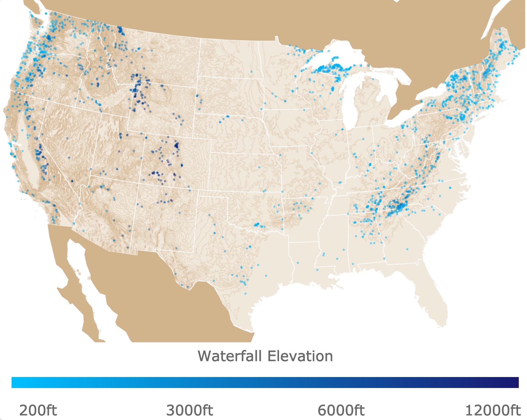 Map of American Waterfalls and their elevations.