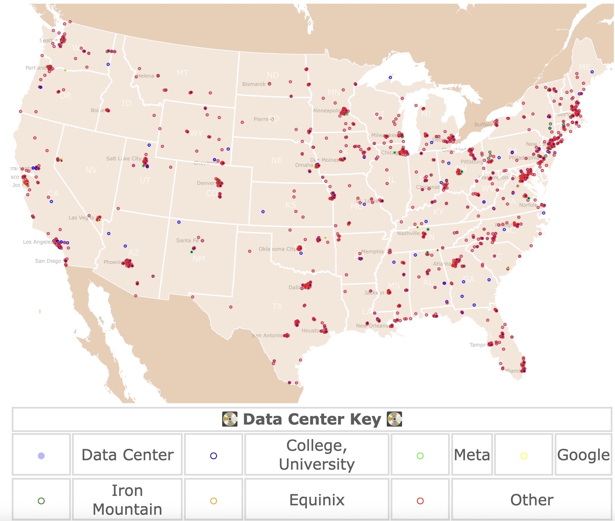 Map of Data Centers across the USA