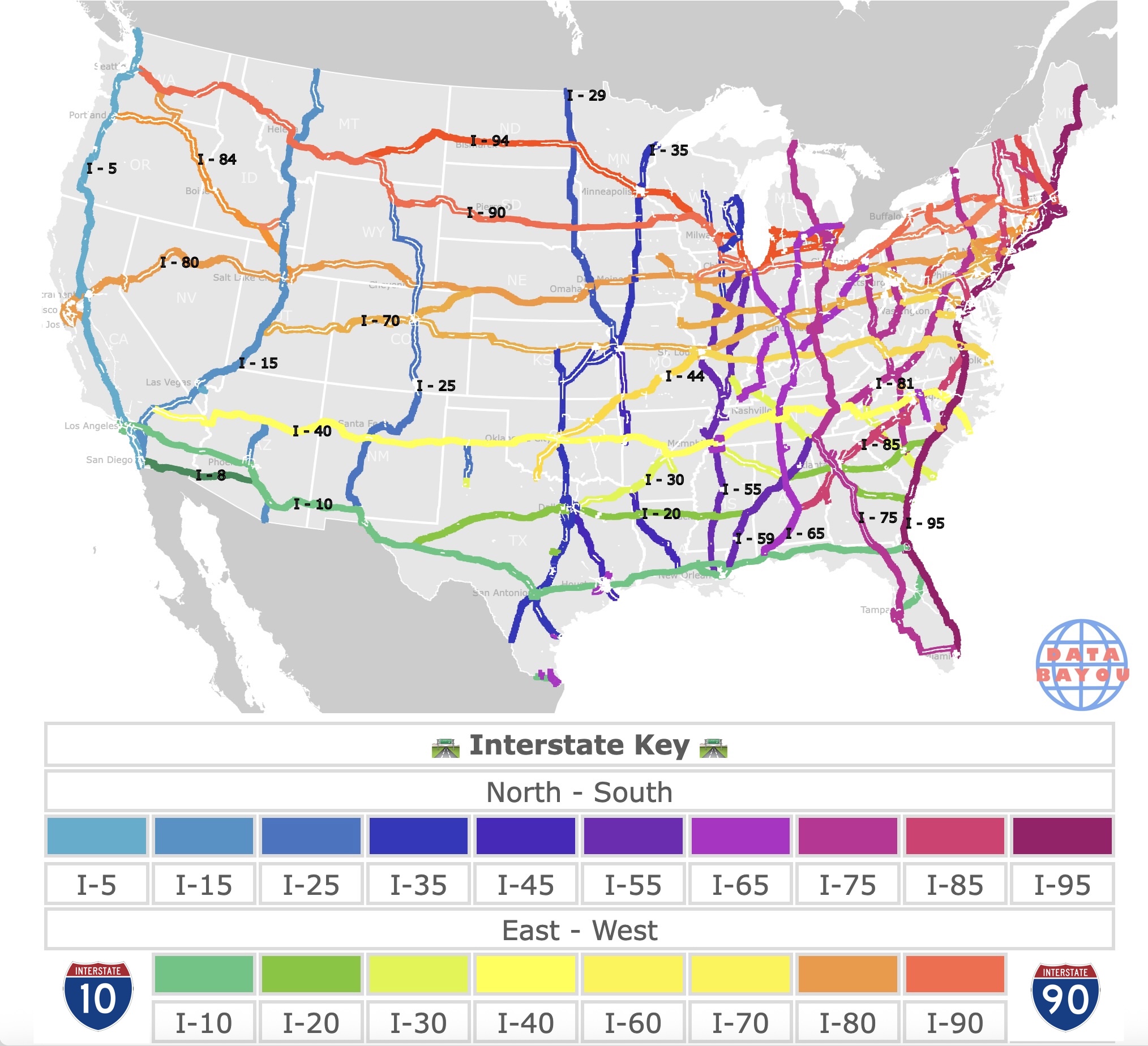 Map of Interstates, and Highways across the USA