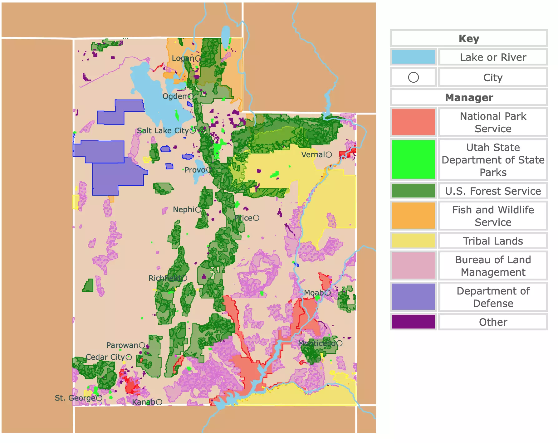 Map of Utah's state parks, national parks, forests, and public lands areas
