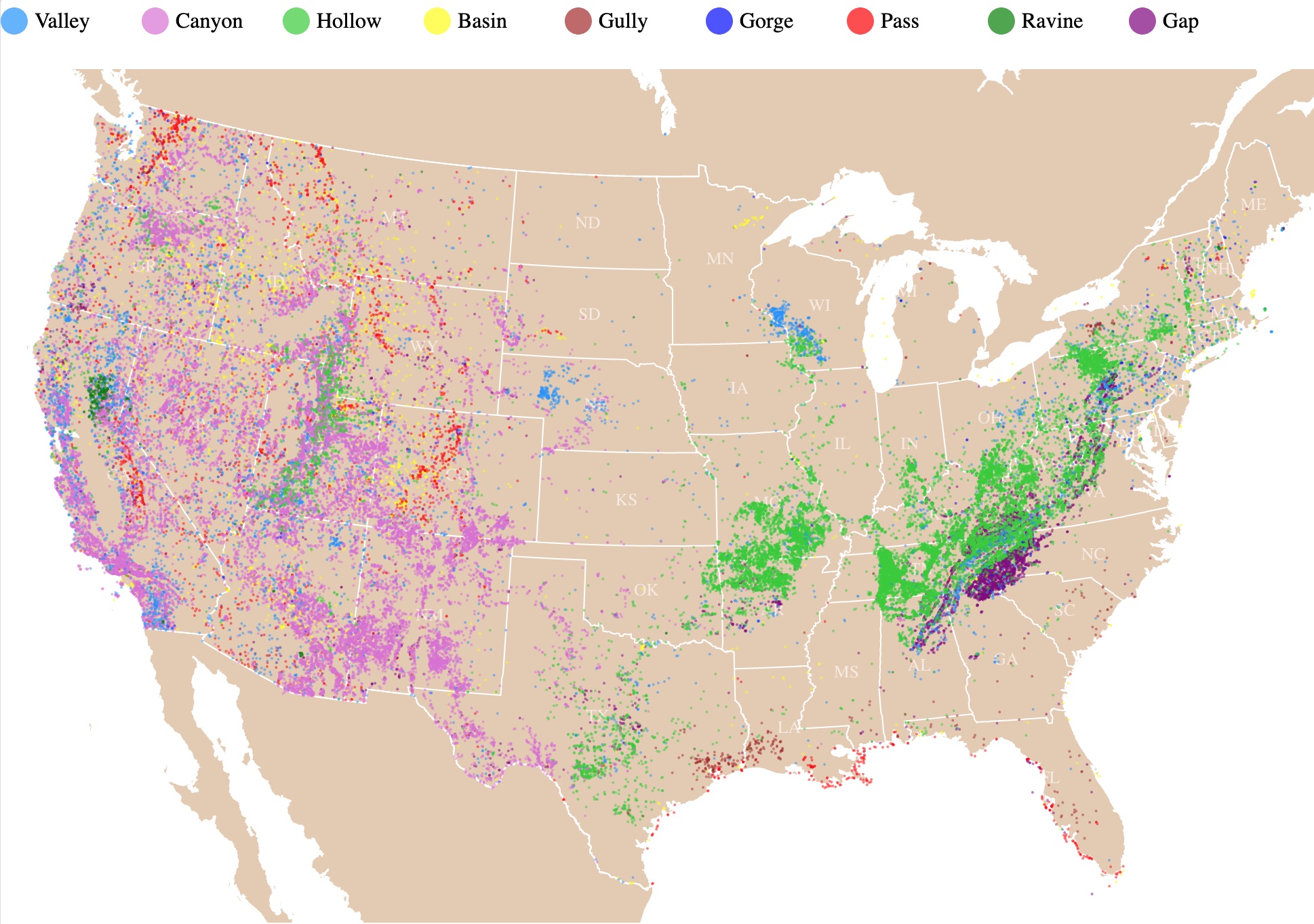 Map of Valleys, canyons, gorges, passes, gaps, hollows, basins, slots and gullies in the US