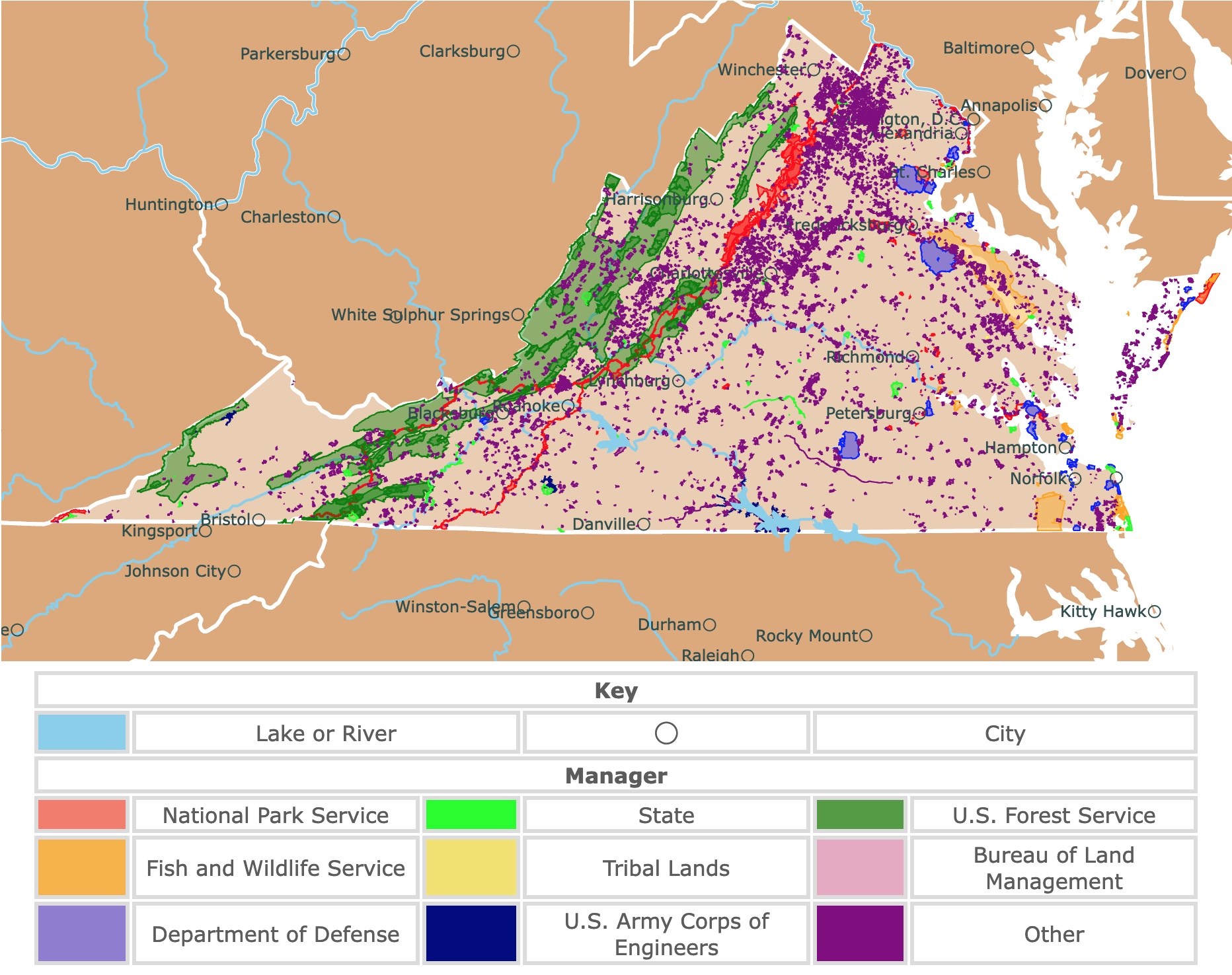 Map of Virginia's state parks, national parks, forests, and public lands areas