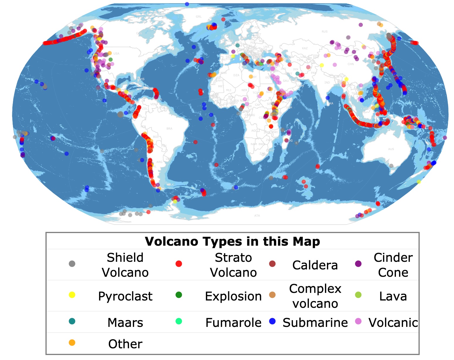 World map of volcano types