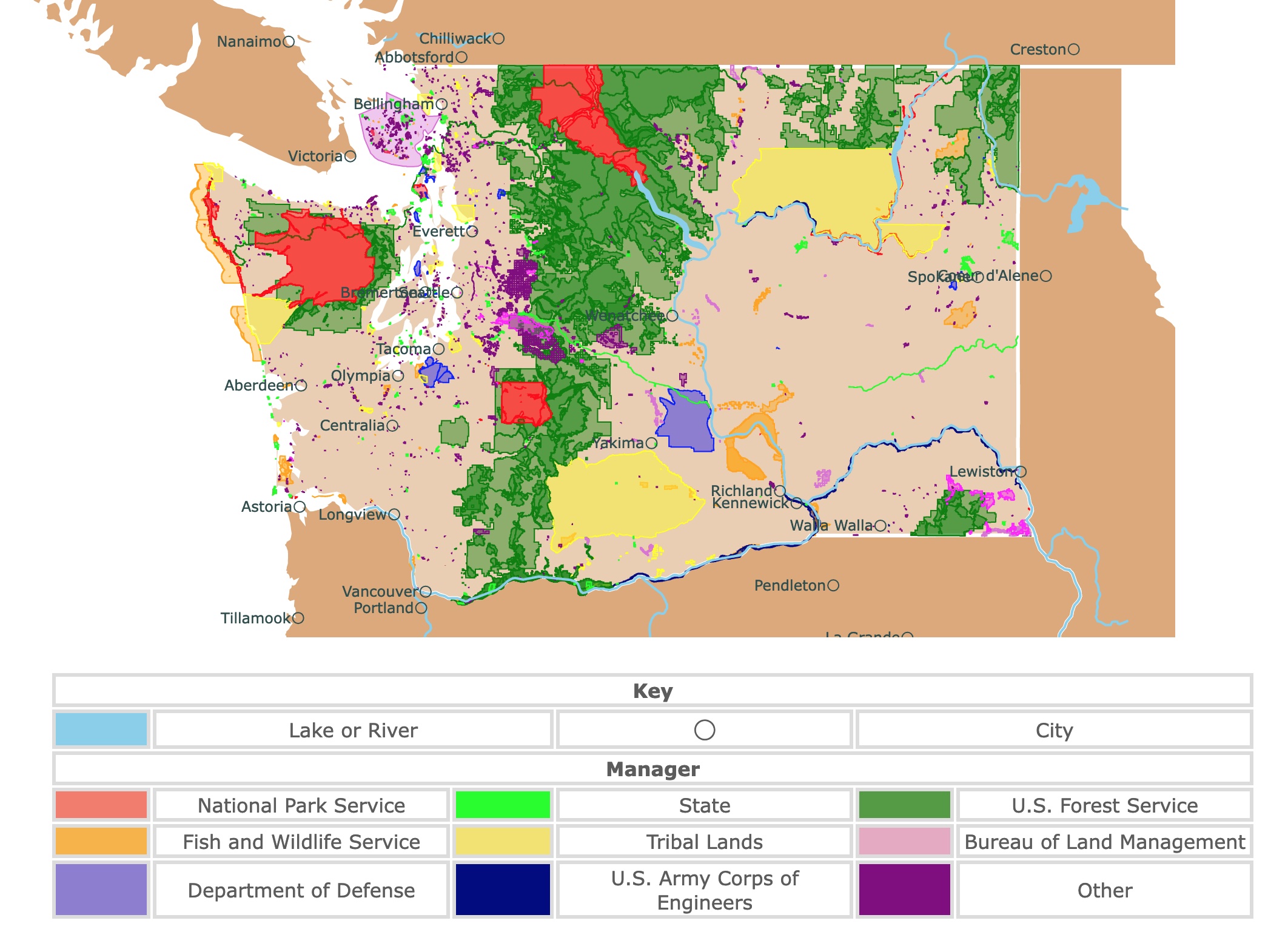 Map of Washington's state parks, national parks, forests, and public lands areas