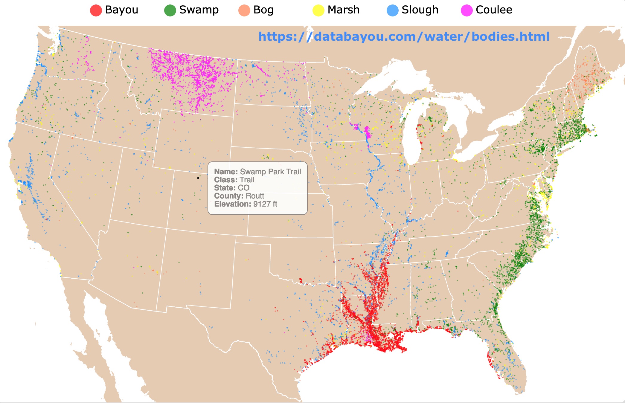 map wetlands icluding swamps, marshes and bayous of USA