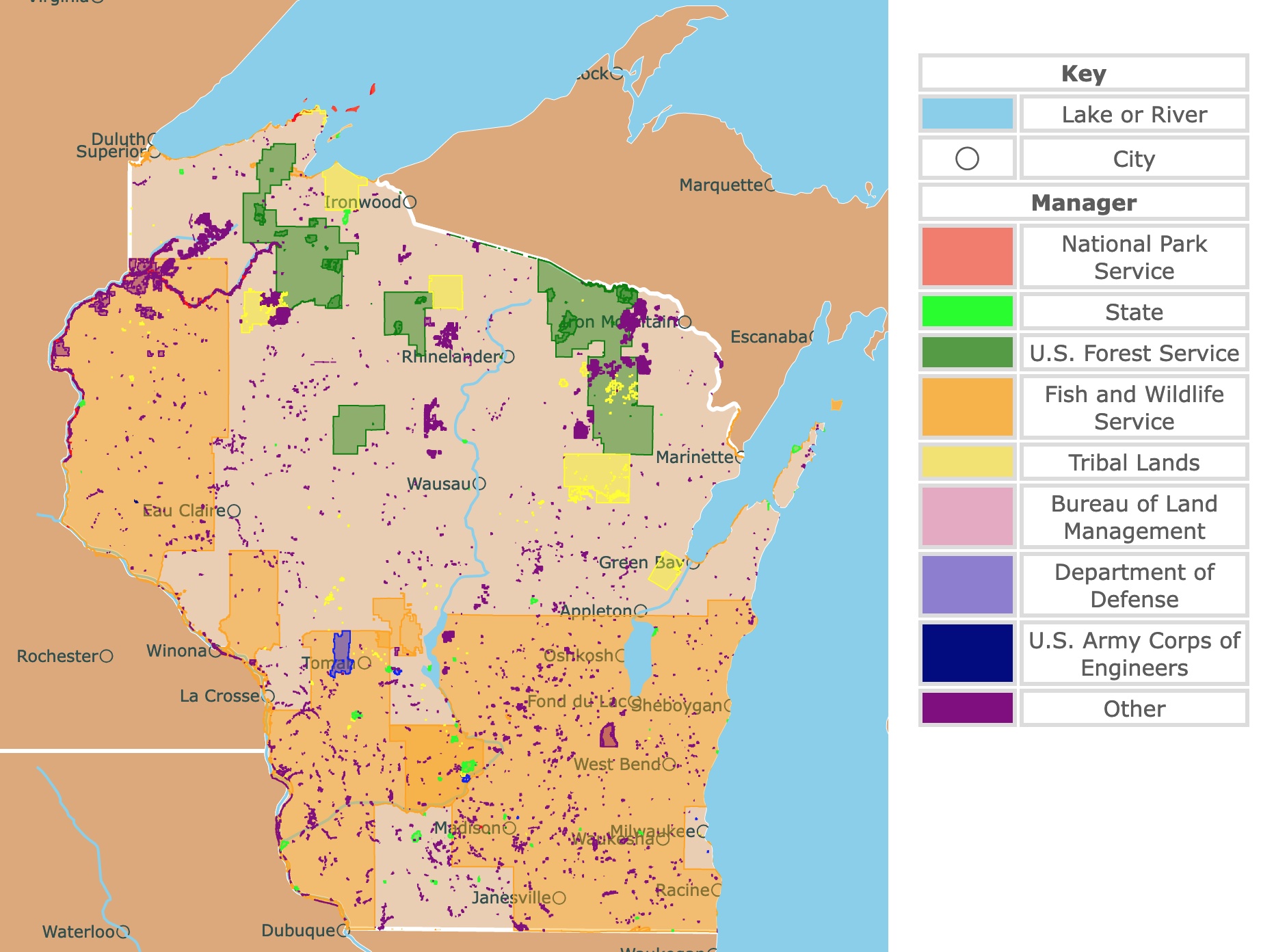 Map of wisconsin's state parks, national parks, forests, and public lands areas