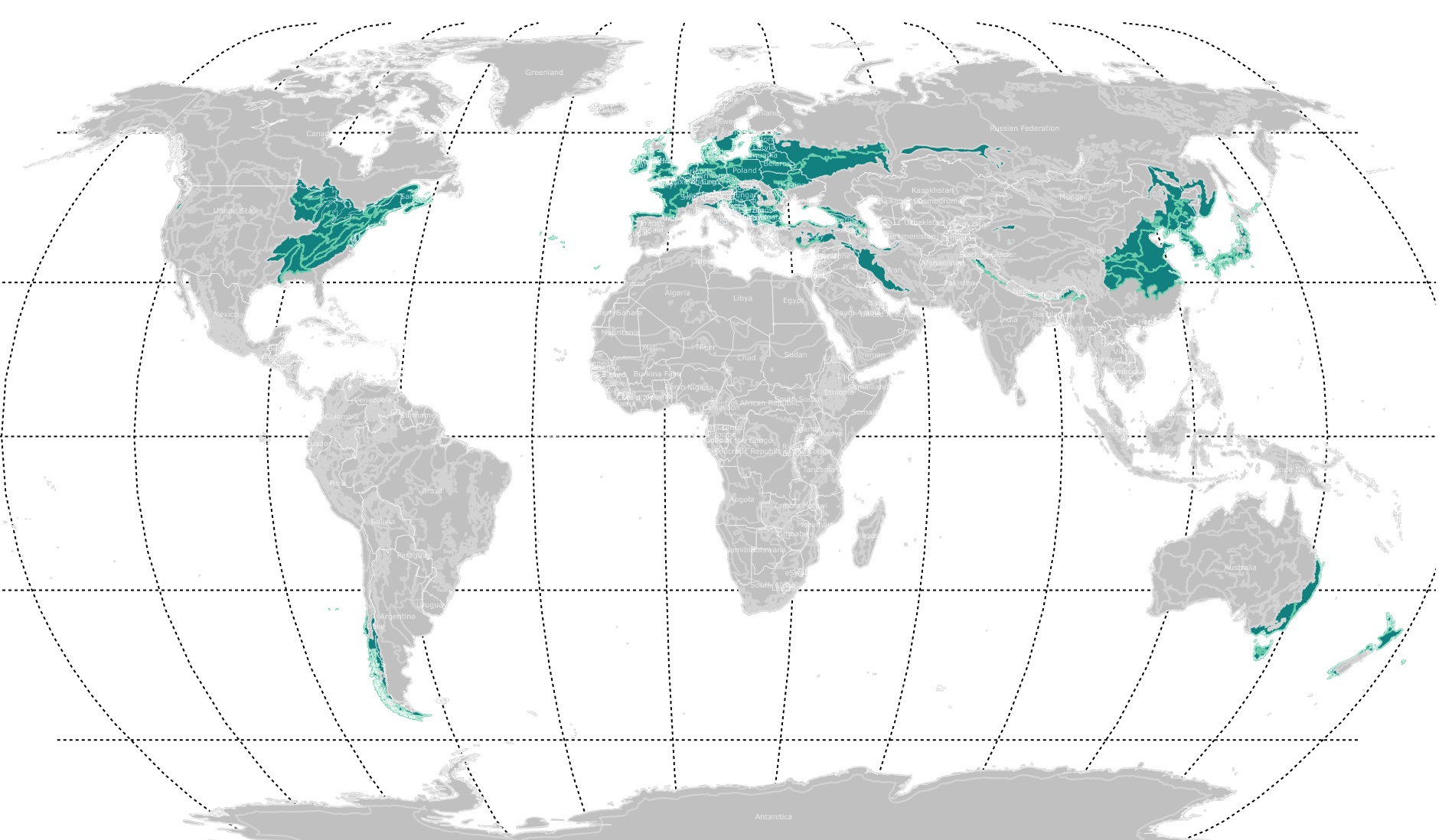 Map of Temperate Broadleaf mixed forests worldwide