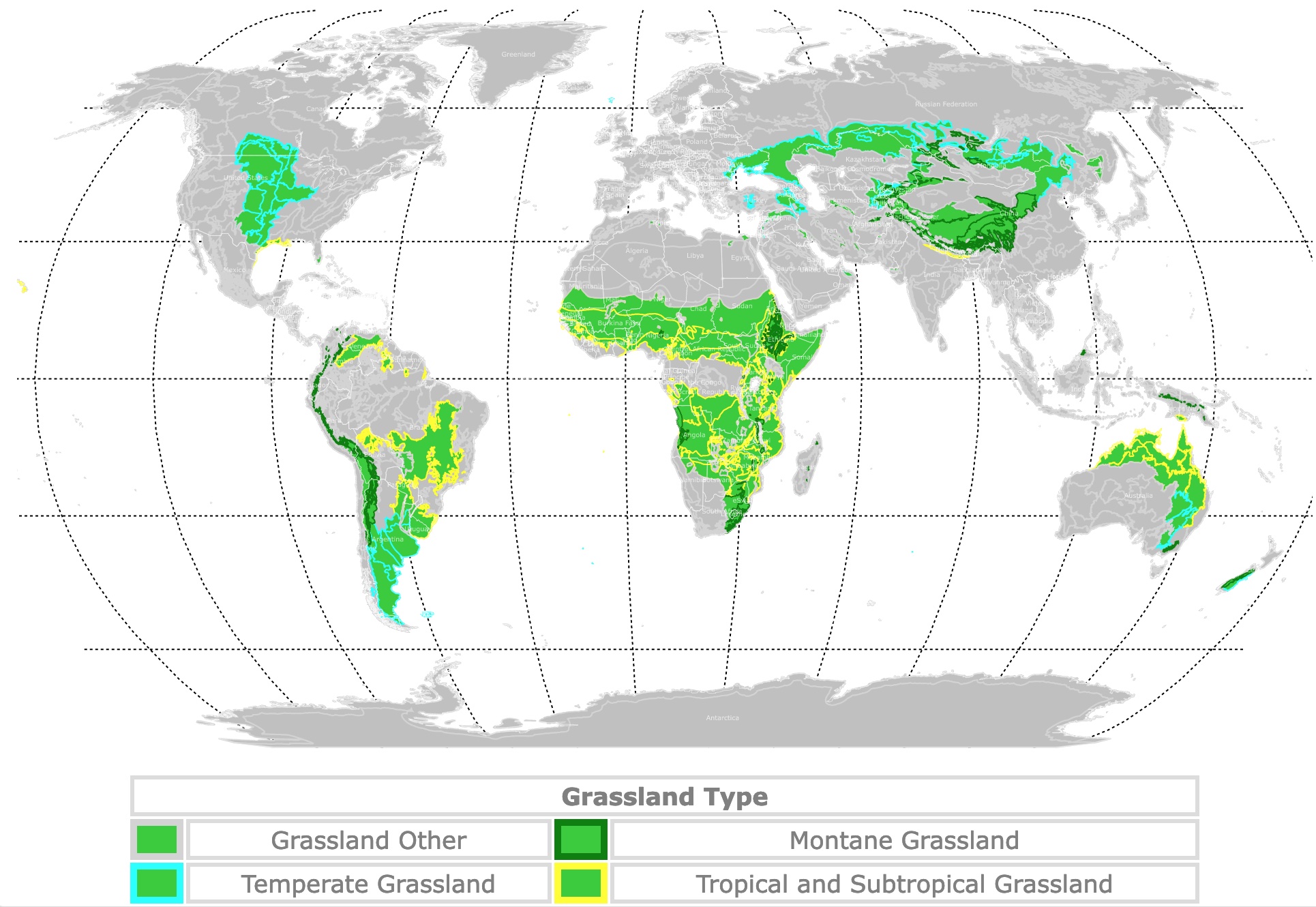 Map of grasslands and types worldwide