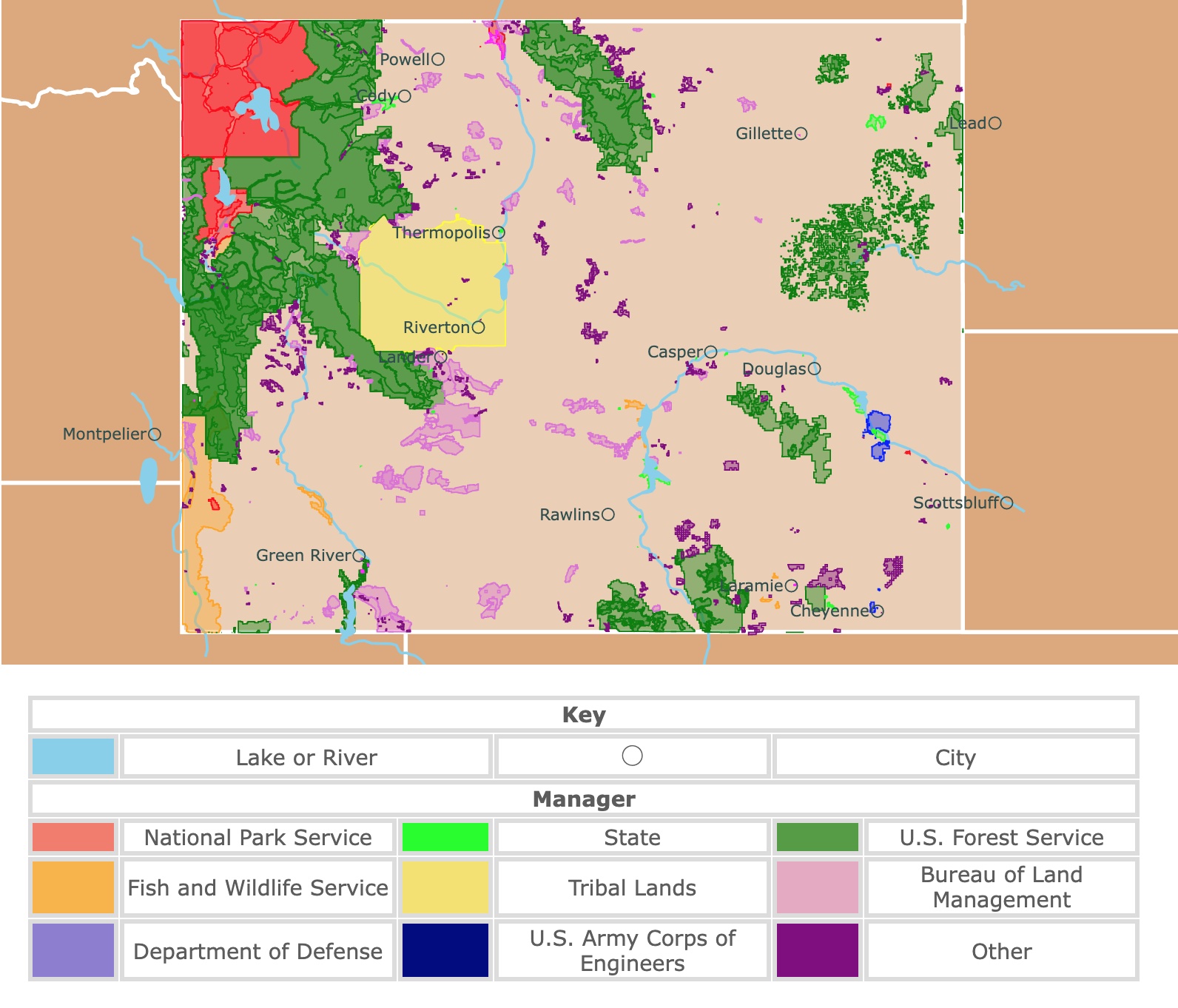 Map of Wyoming's state parks, national parks, forests, and public lands areas