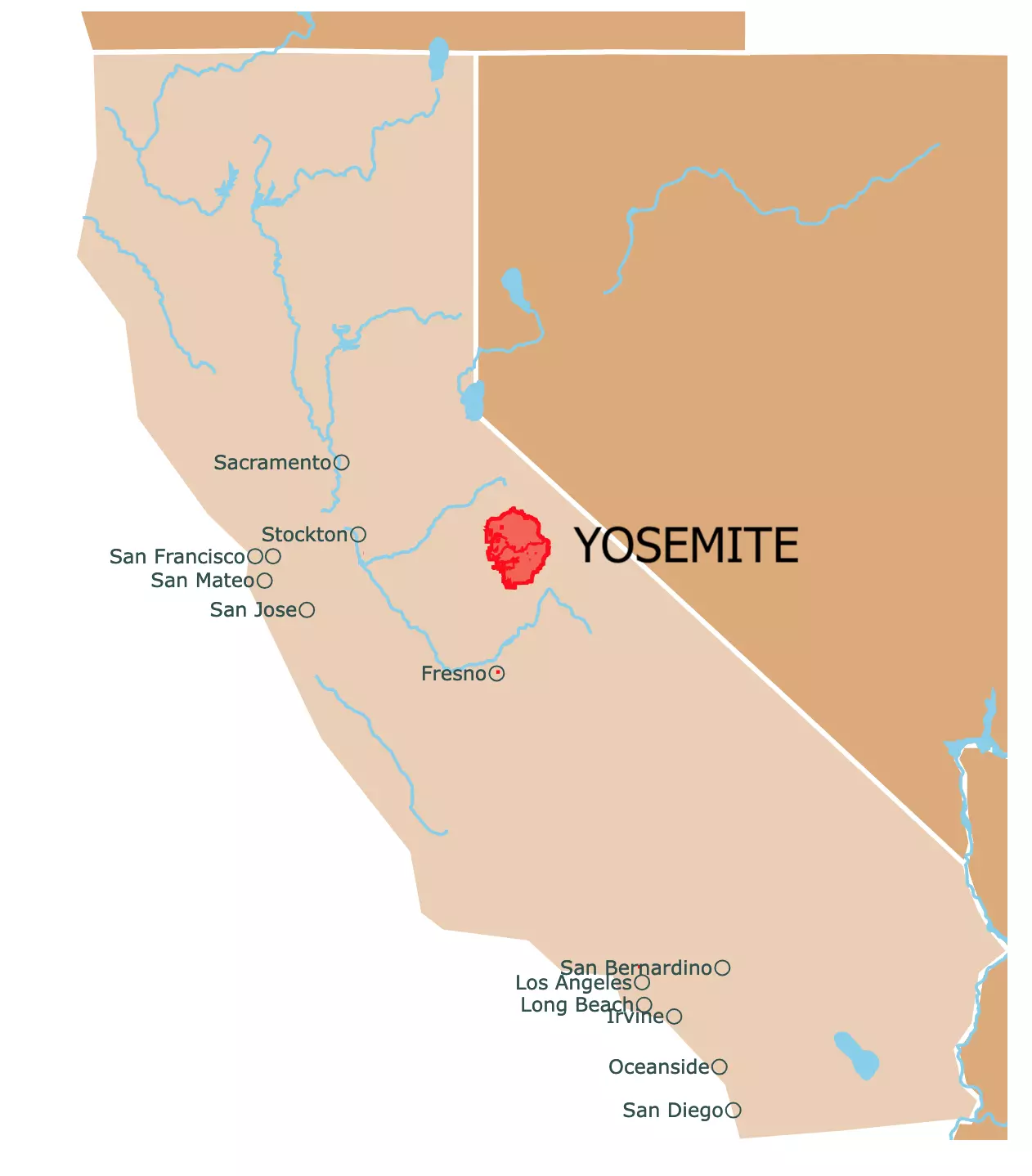 Map of Location of Yosemite National Park in the state of California