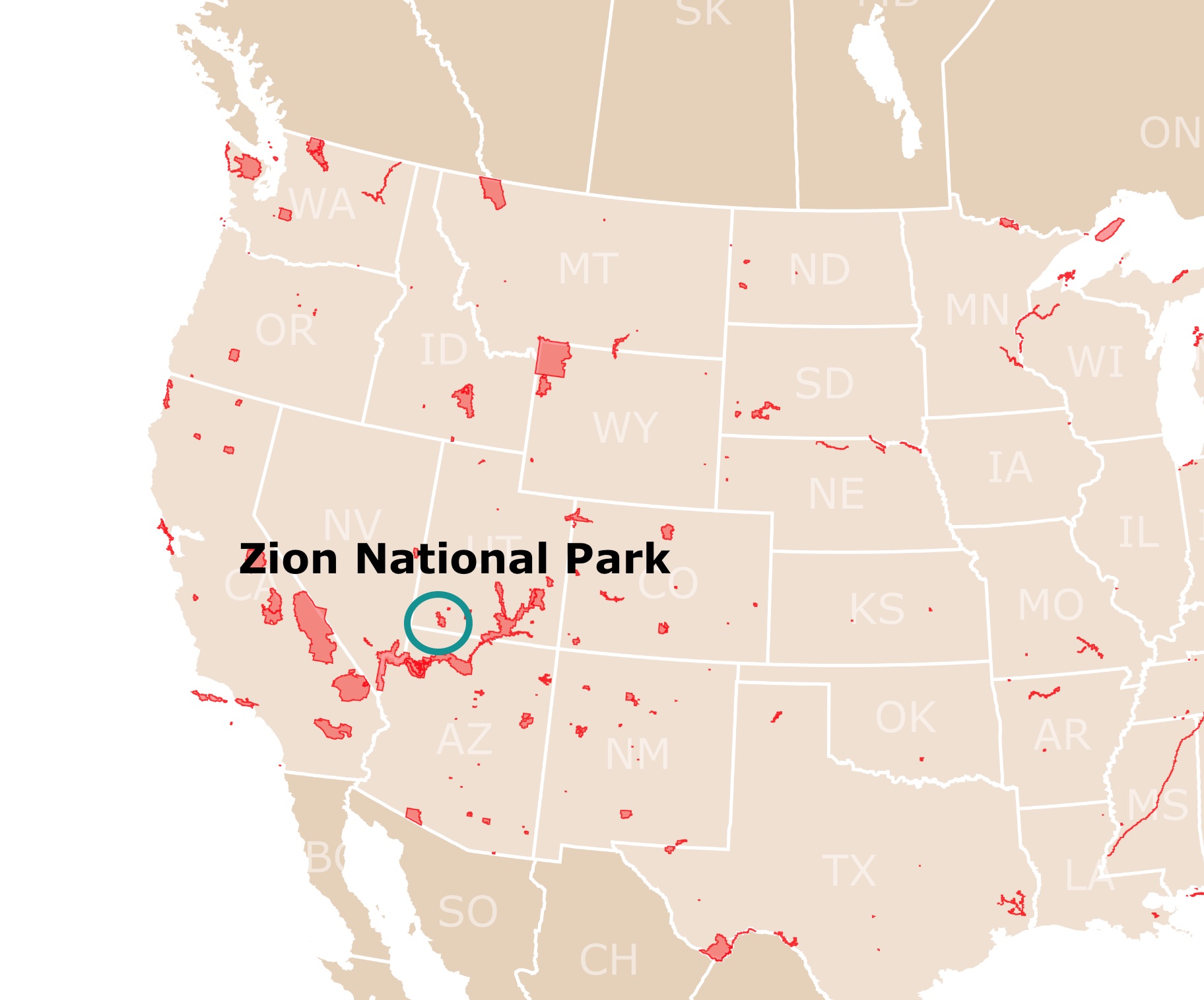 Map of Location of Zion National Park in Utah